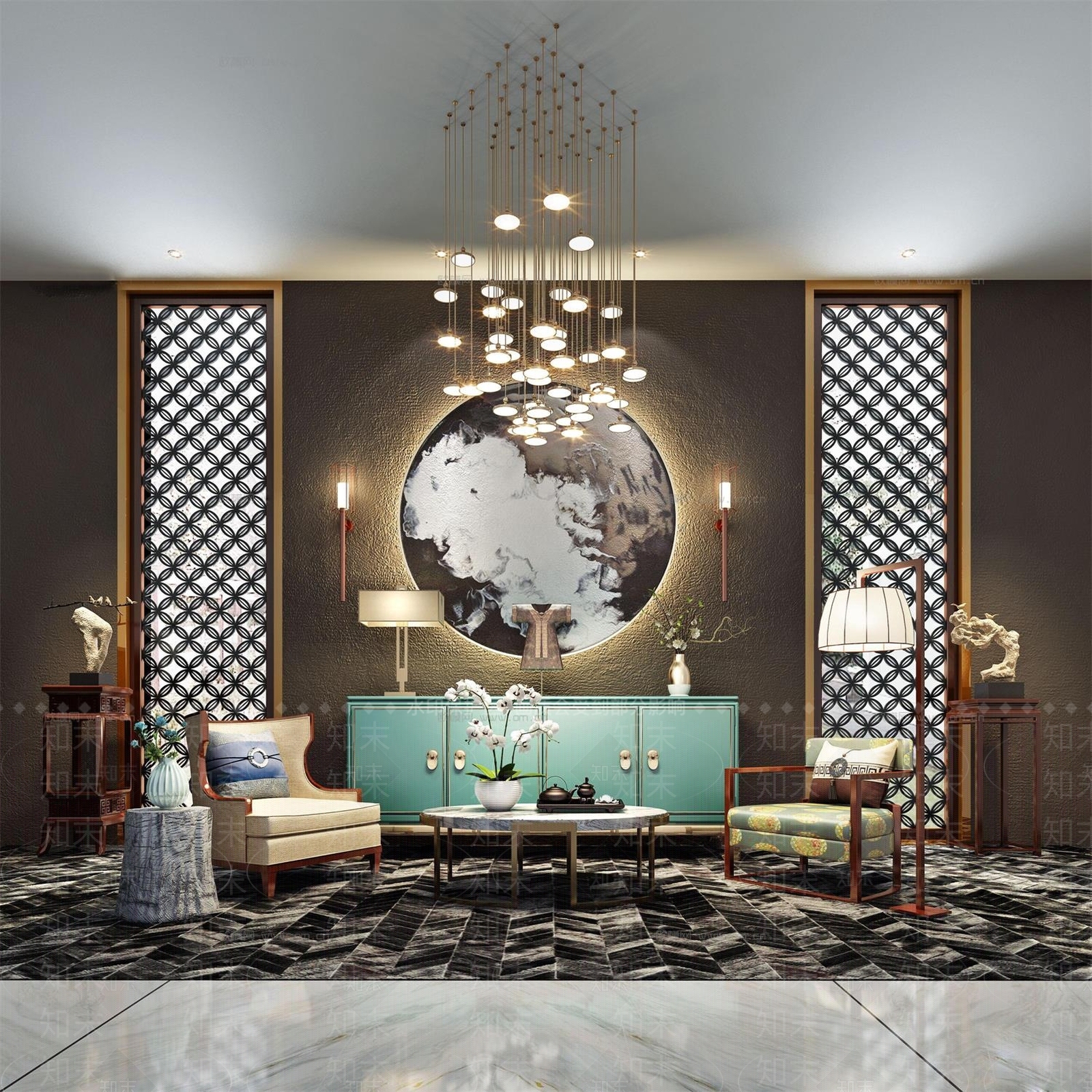 现代轻奢古典客厅沙发背景配饰3D模型下载【ID:1162042079】