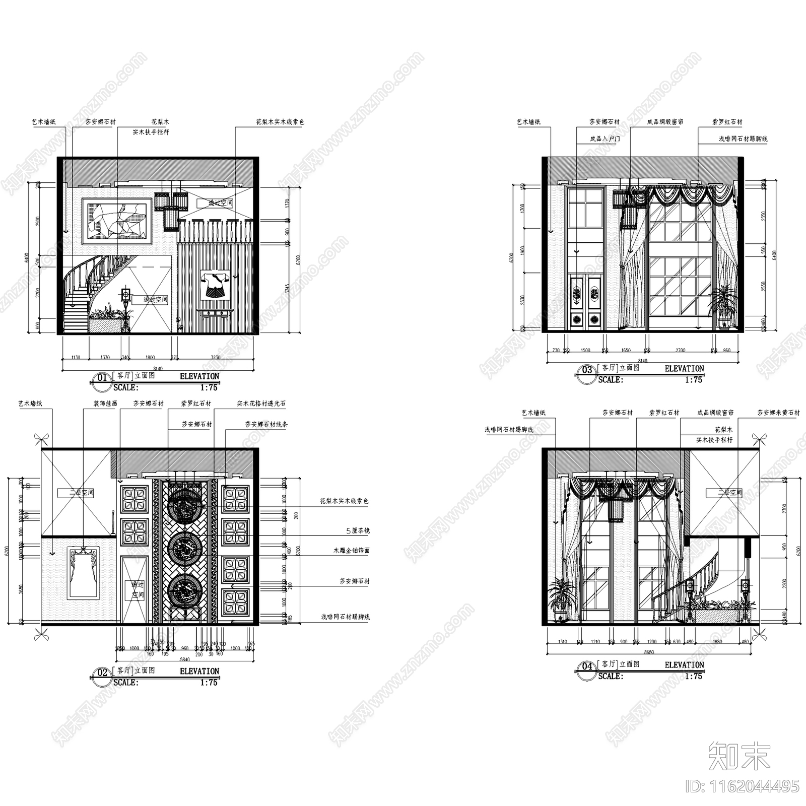 中式古典三层别墅私宅室内家装cad施工图下载【ID:1162044495】