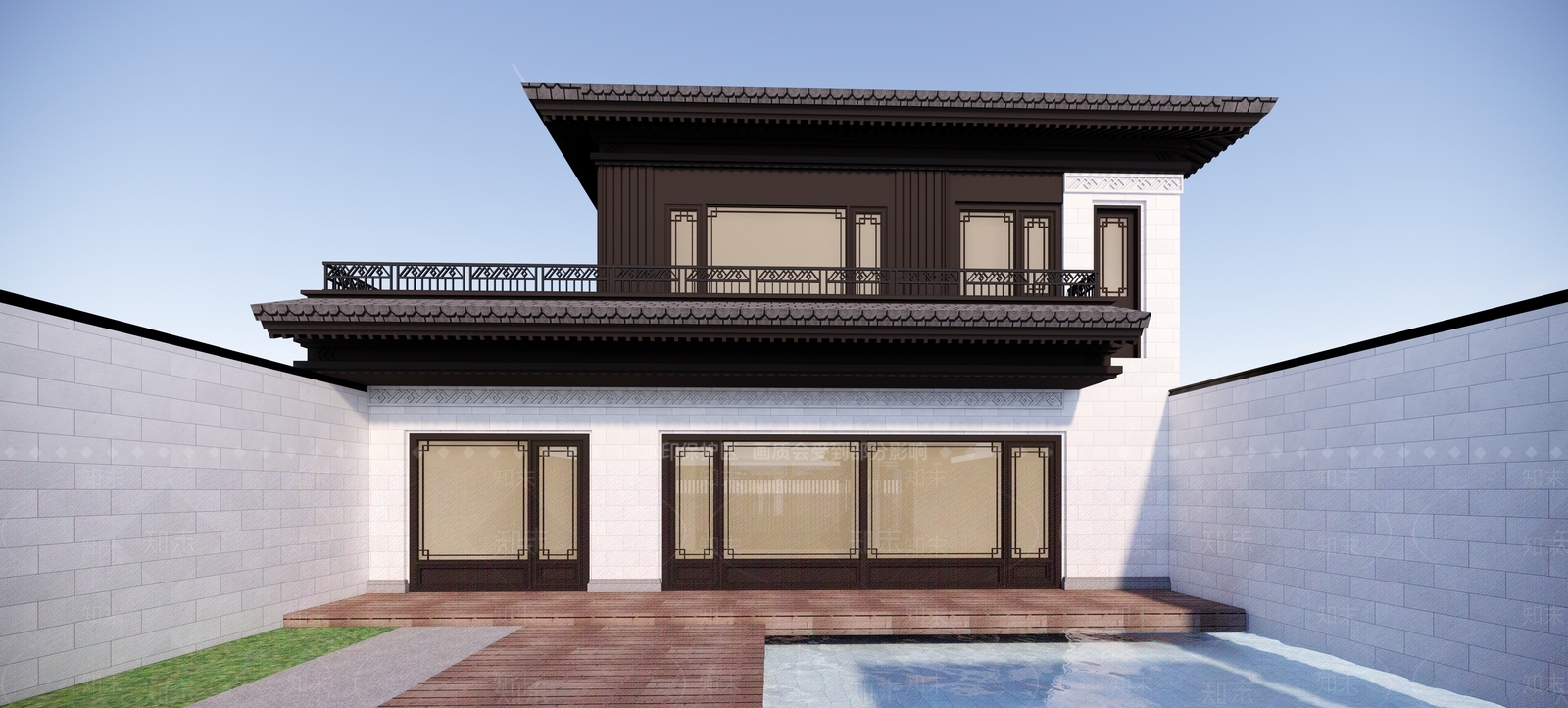 山外山新中式风格L形2层别墅SU模型下载【ID:1162052011】