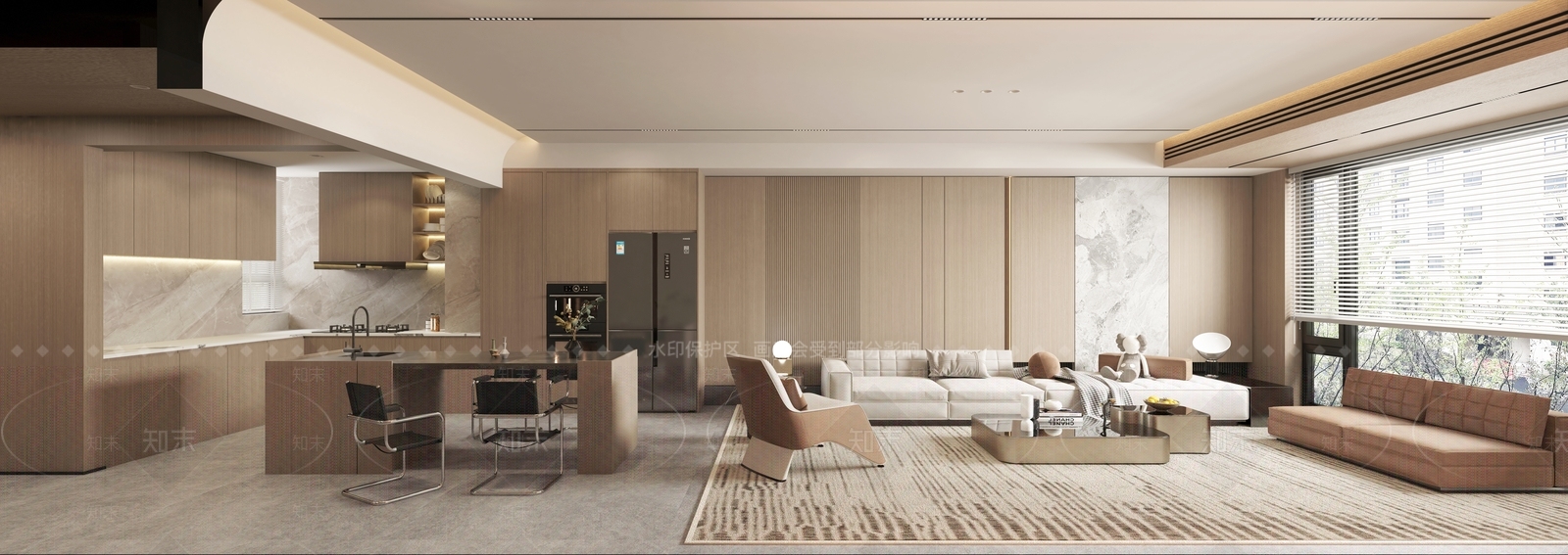 现代极简轻奢客餐厅开放式厨房全屋墙板隐框门无框门3D模型下载【ID:1162060693】