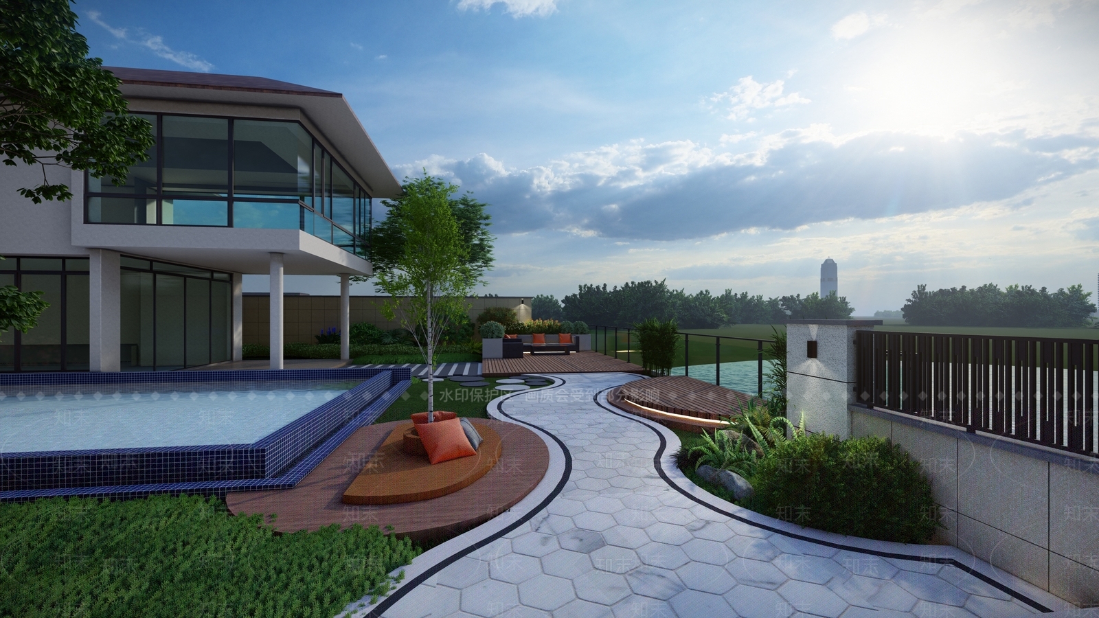 现代别墅庭院内含高尔夫球场SU模型下载【ID:1162062387】