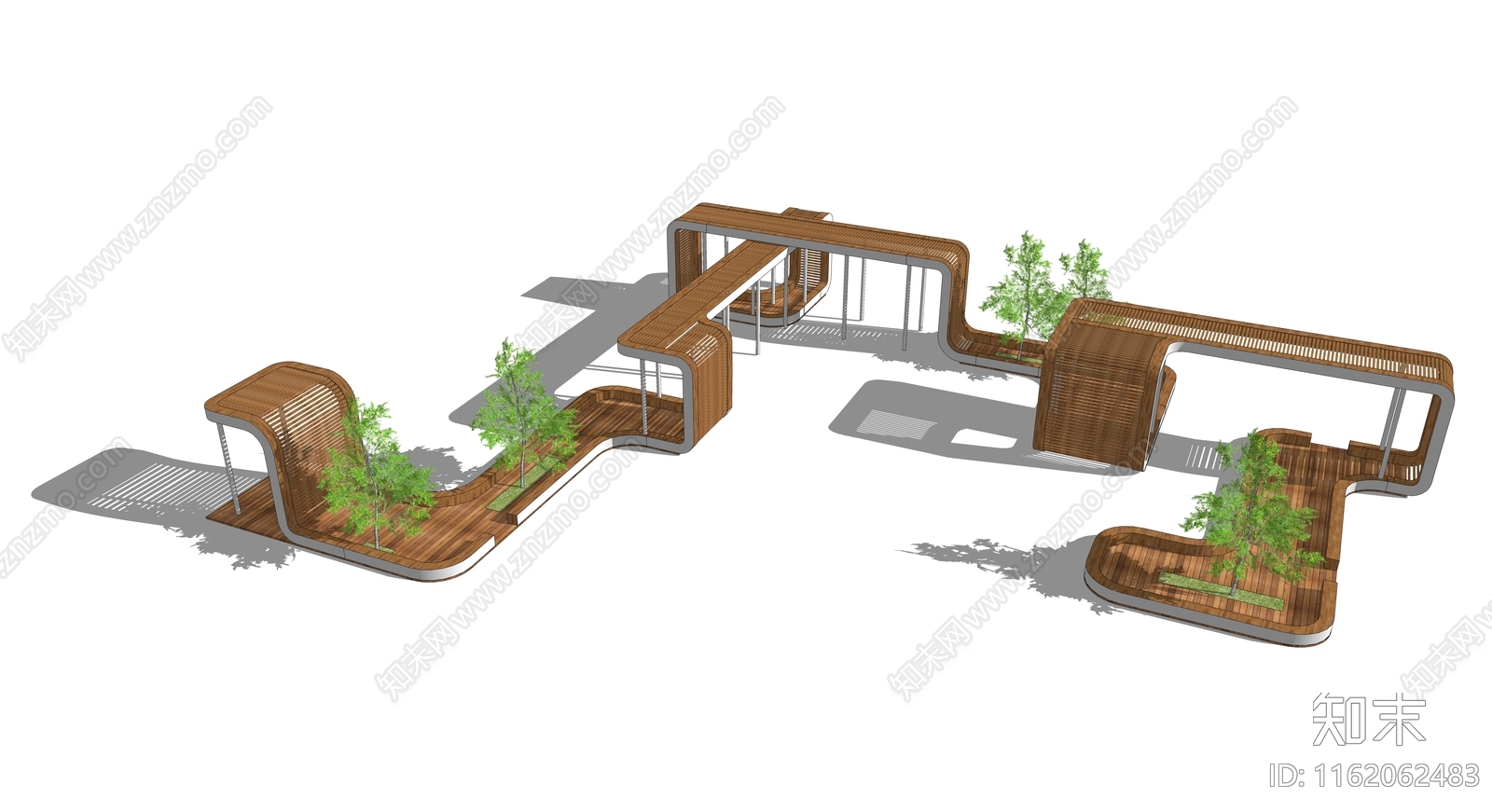 现代景观公园商业座椅树池廊架SU模型下载【ID:1162062483】
