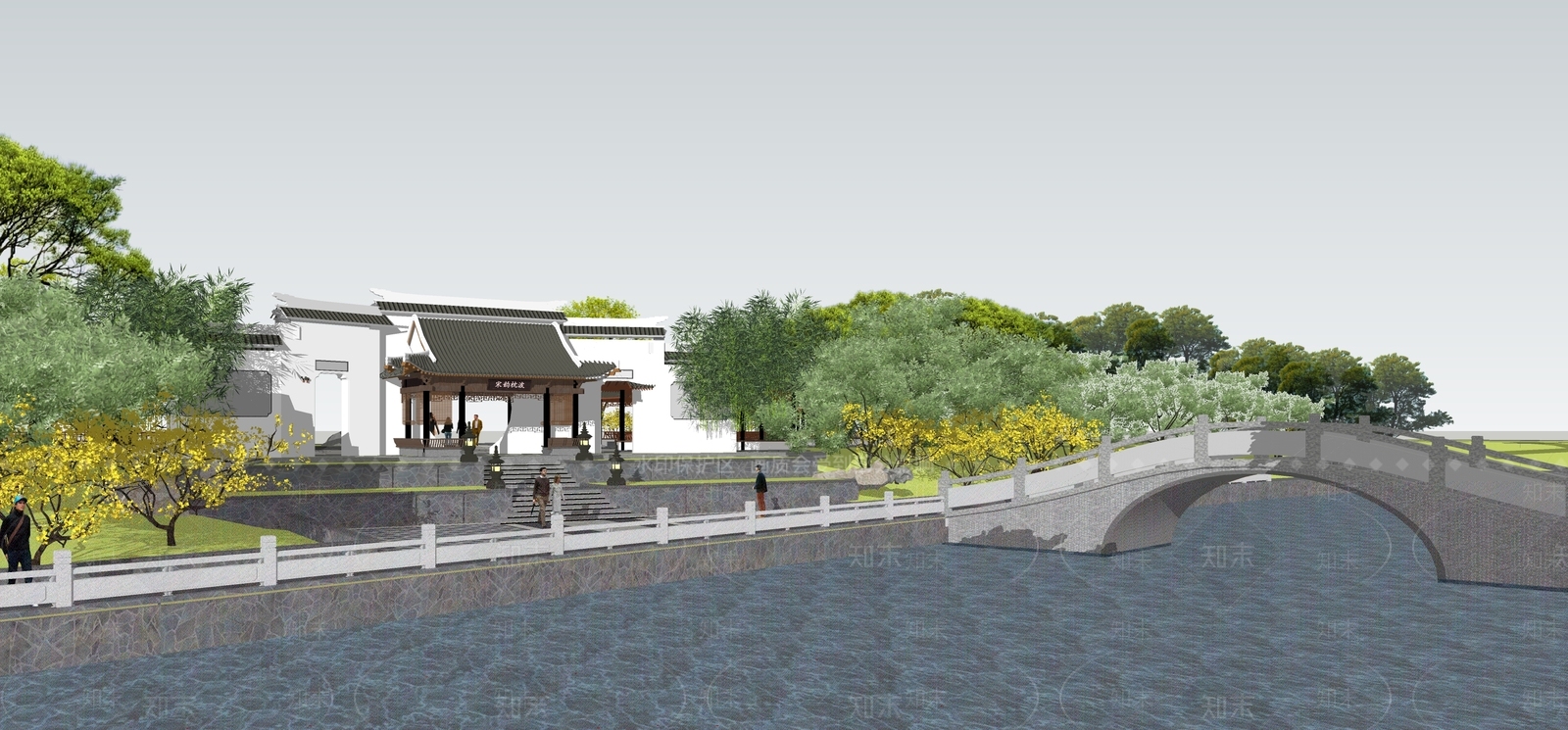 宋风古建园林滨水景观SU模型下载【ID:1162077119】