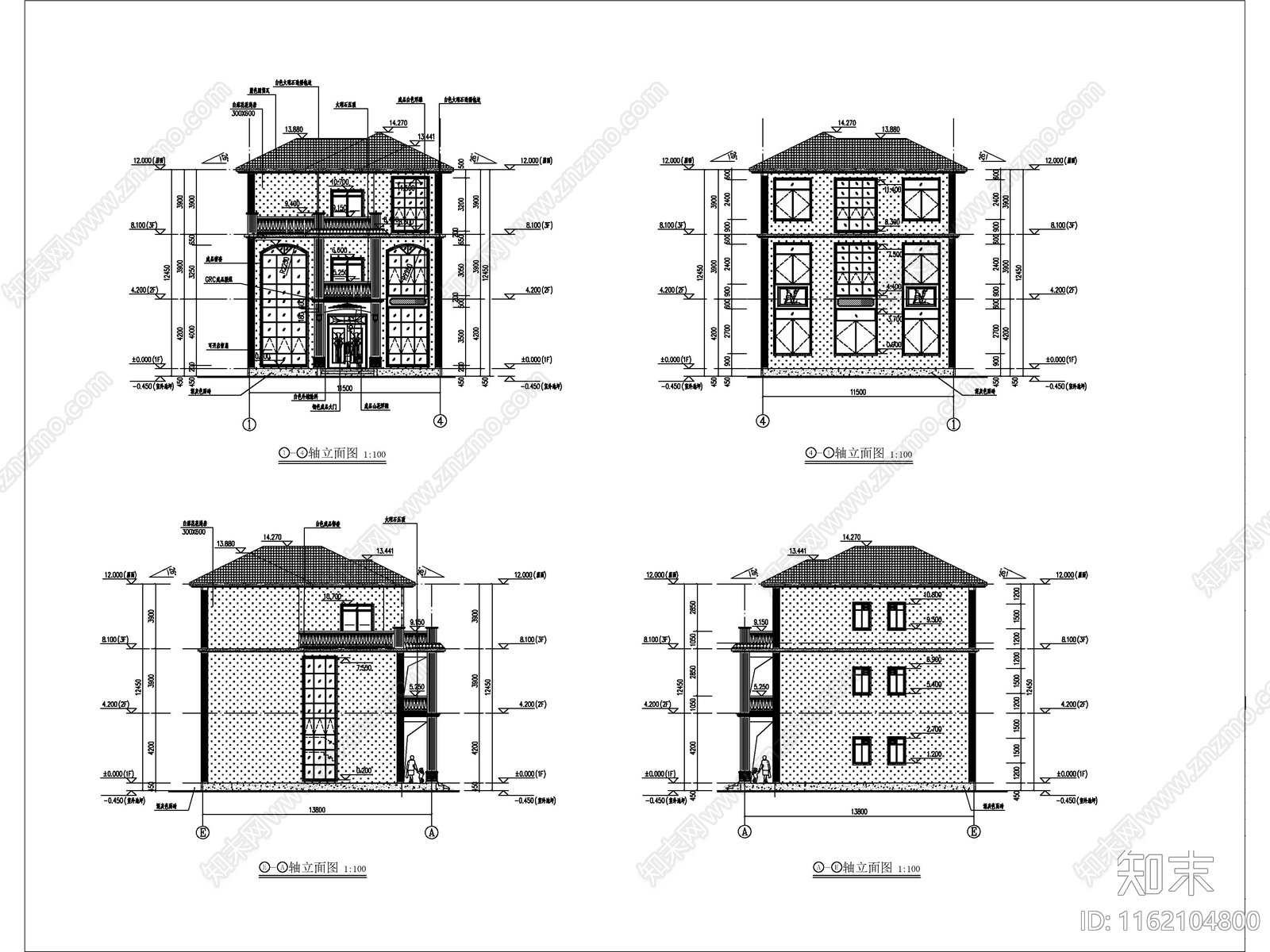 欧式三层独栋别墅建筑结构cad施工图下载【ID:1162104800】