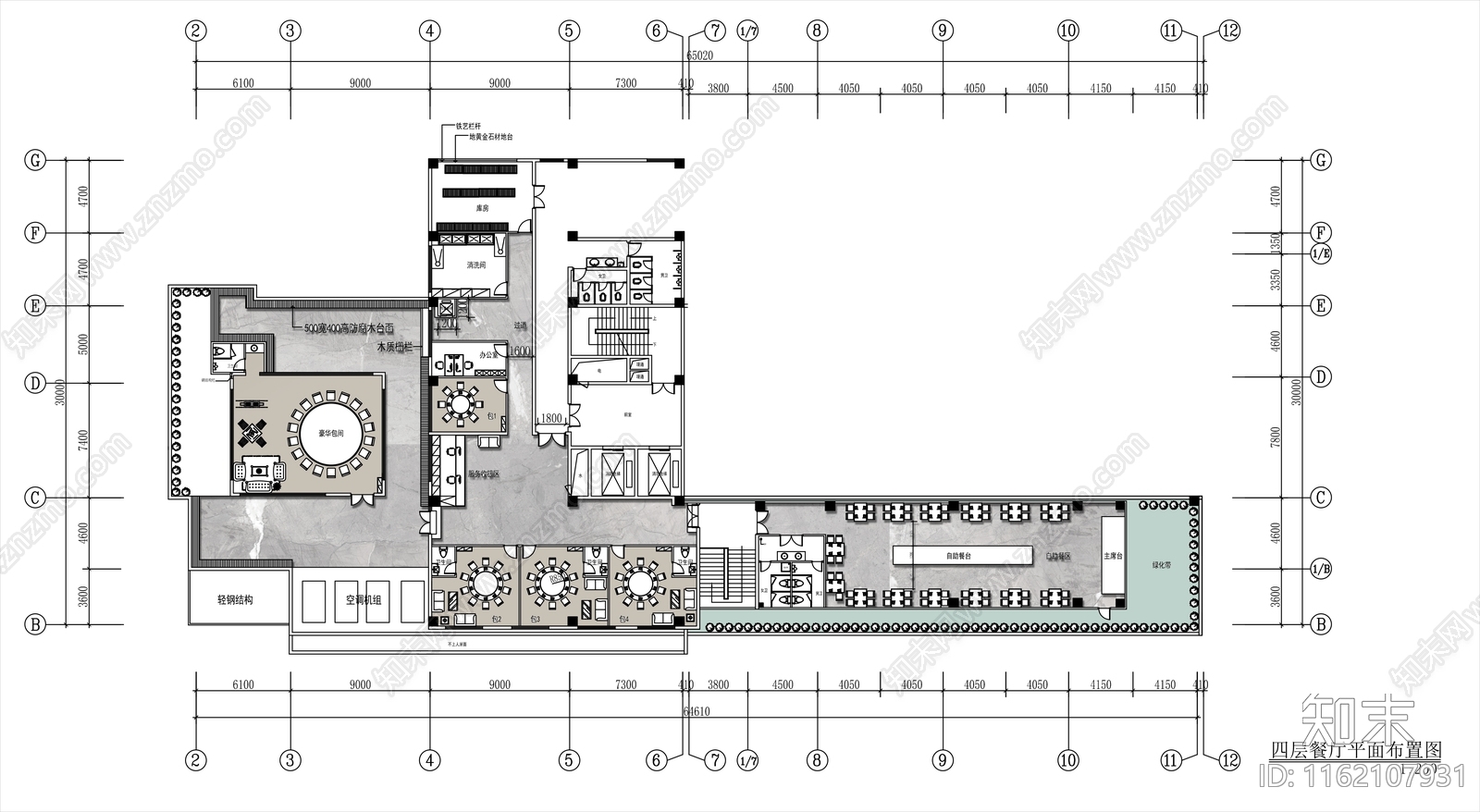 1000㎡高档自助餐厅平面布置图施工图下载【ID:1162107931】