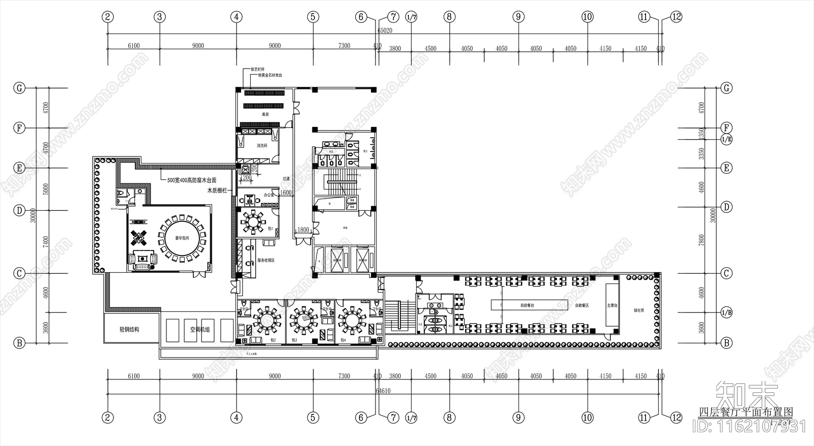 1000㎡高档自助餐厅平面布置图施工图下载【ID:1162107931】