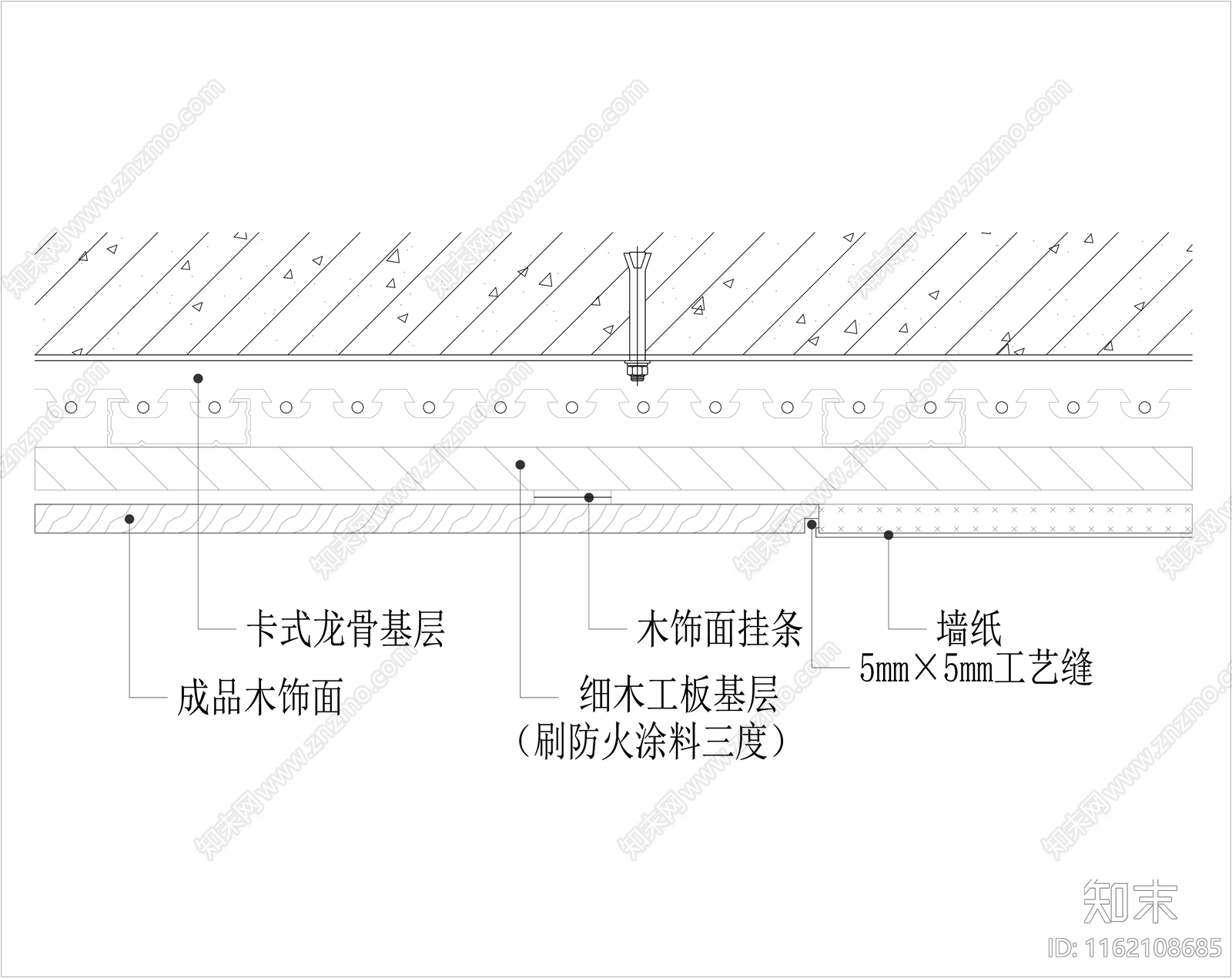 墙面壁纸与木饰面收口节点大样图cad施工图下载【ID:1162108685】