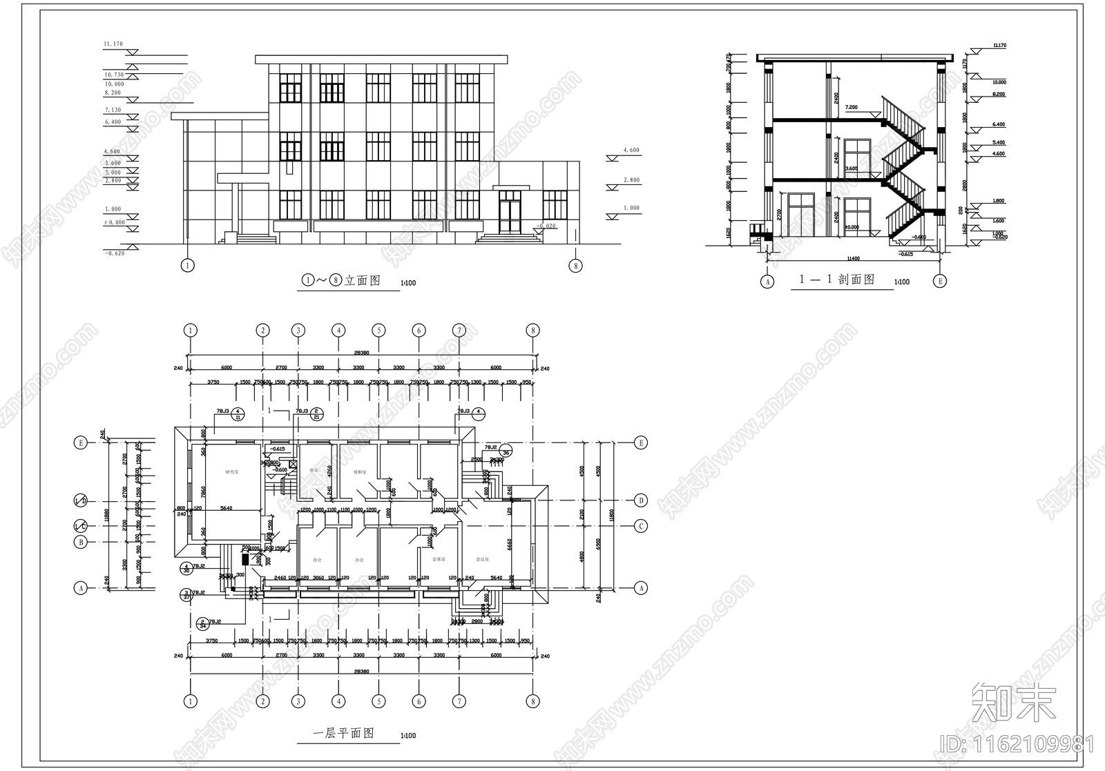多层教学楼建筑cad施工图下载【ID:1162109981】
