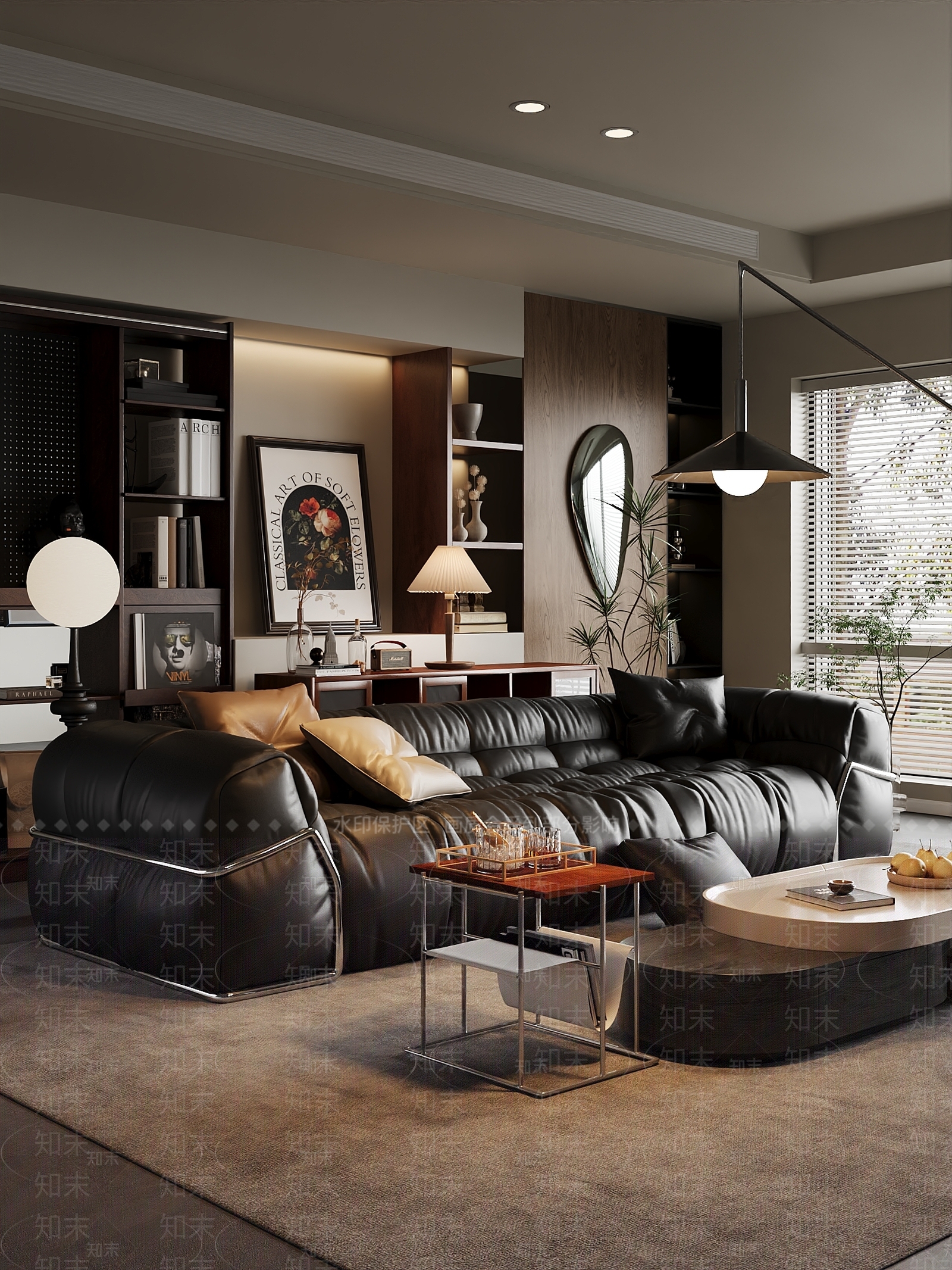 现代诧寂中古风三人沙发茶几落地灯组合客厅3D模型下载【ID:1162111432】