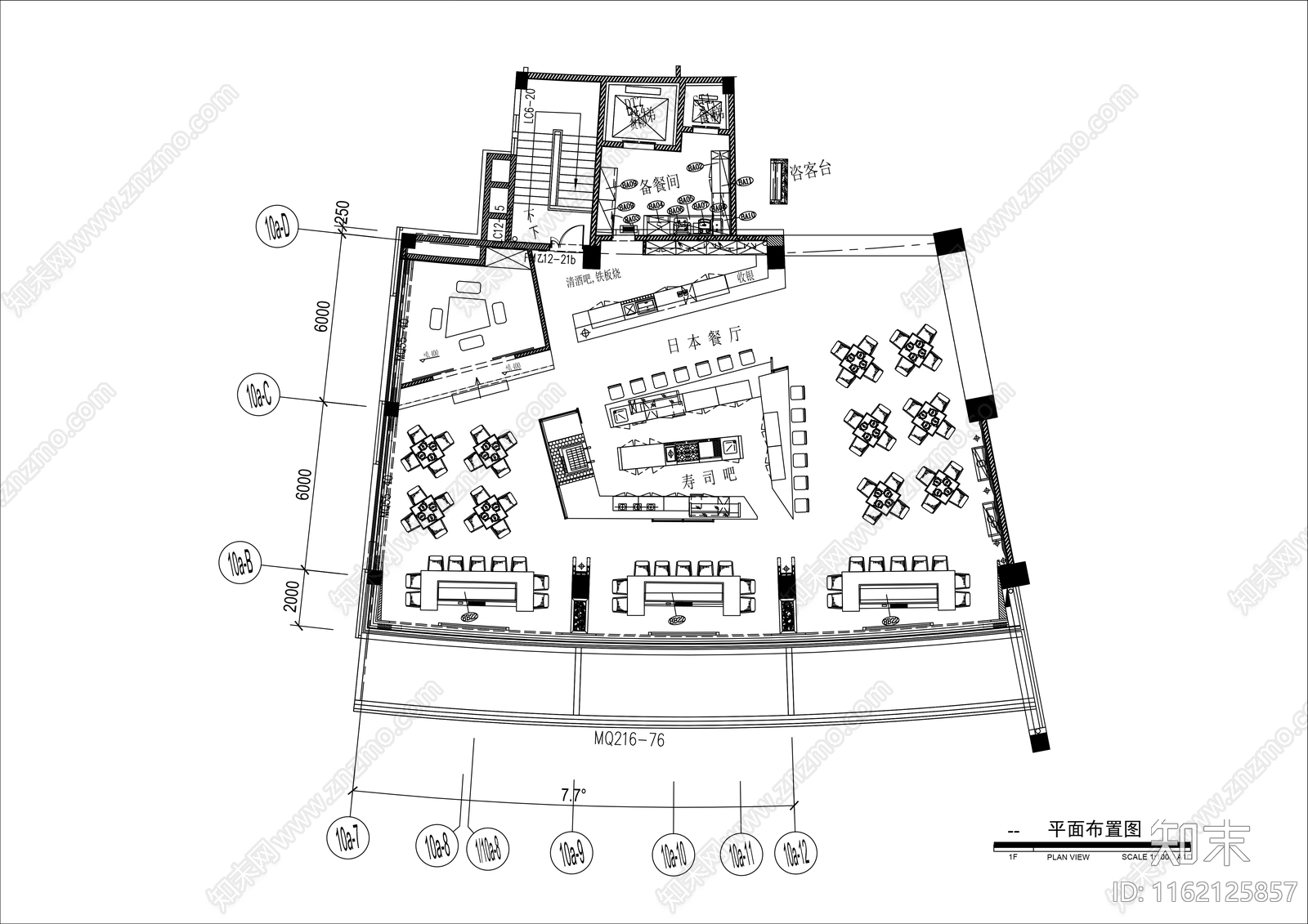 400㎡日料餐厅寿司店平面布置图cad施工图下载【ID:1162125857】