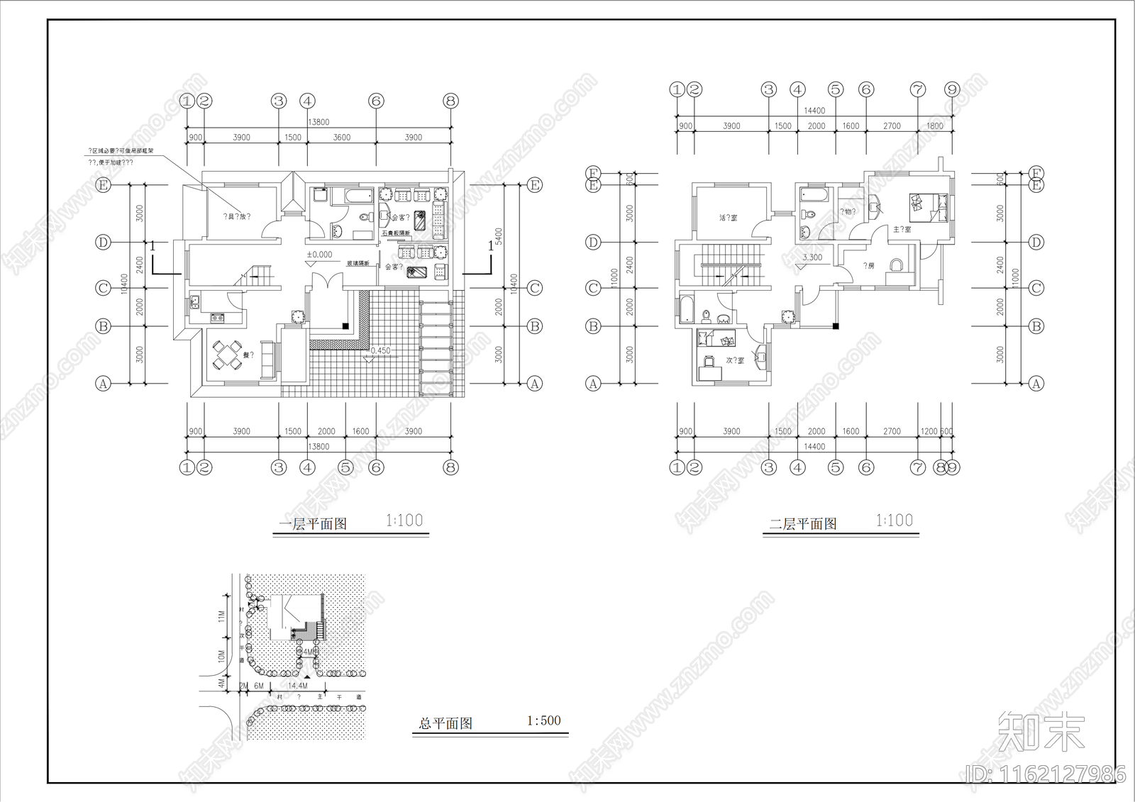 别墅筑设计图平立剖cad施工图下载【ID:1162127986】