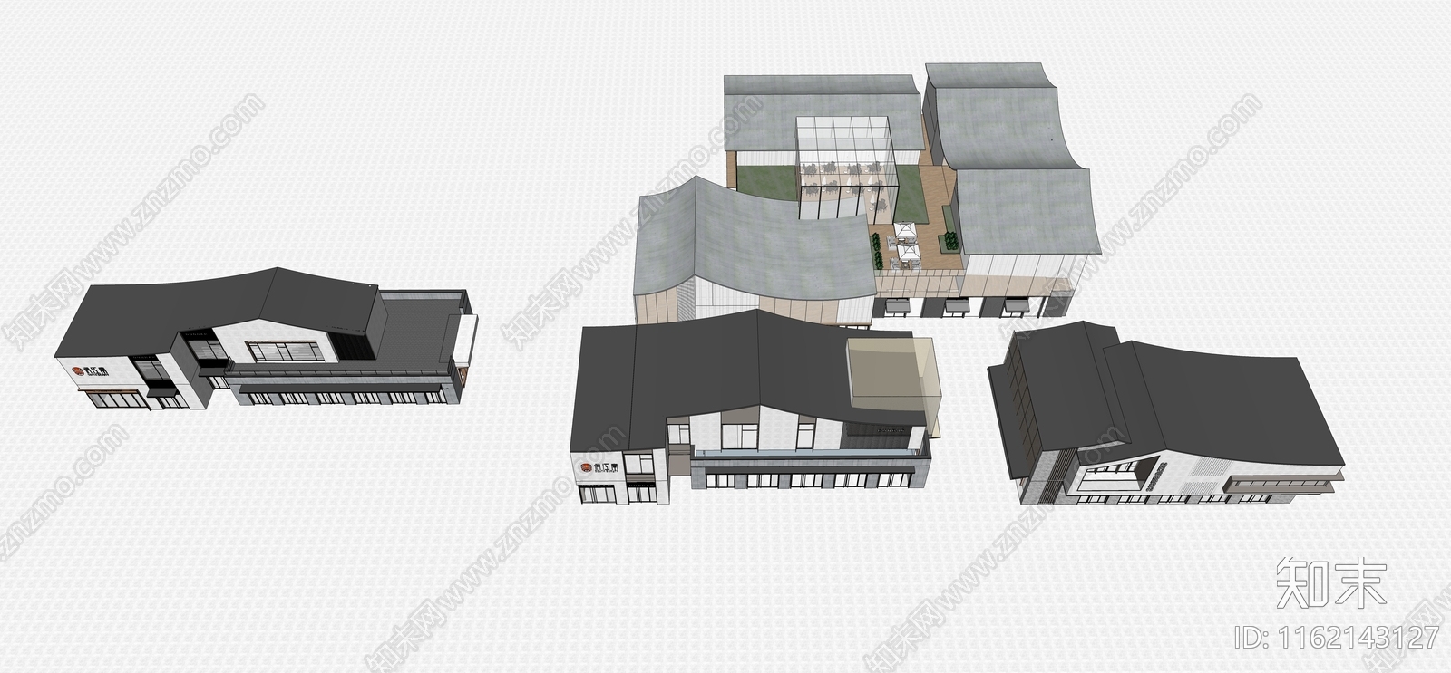 新中式风格坡屋顶商业内街SU模型下载【ID:1162143127】