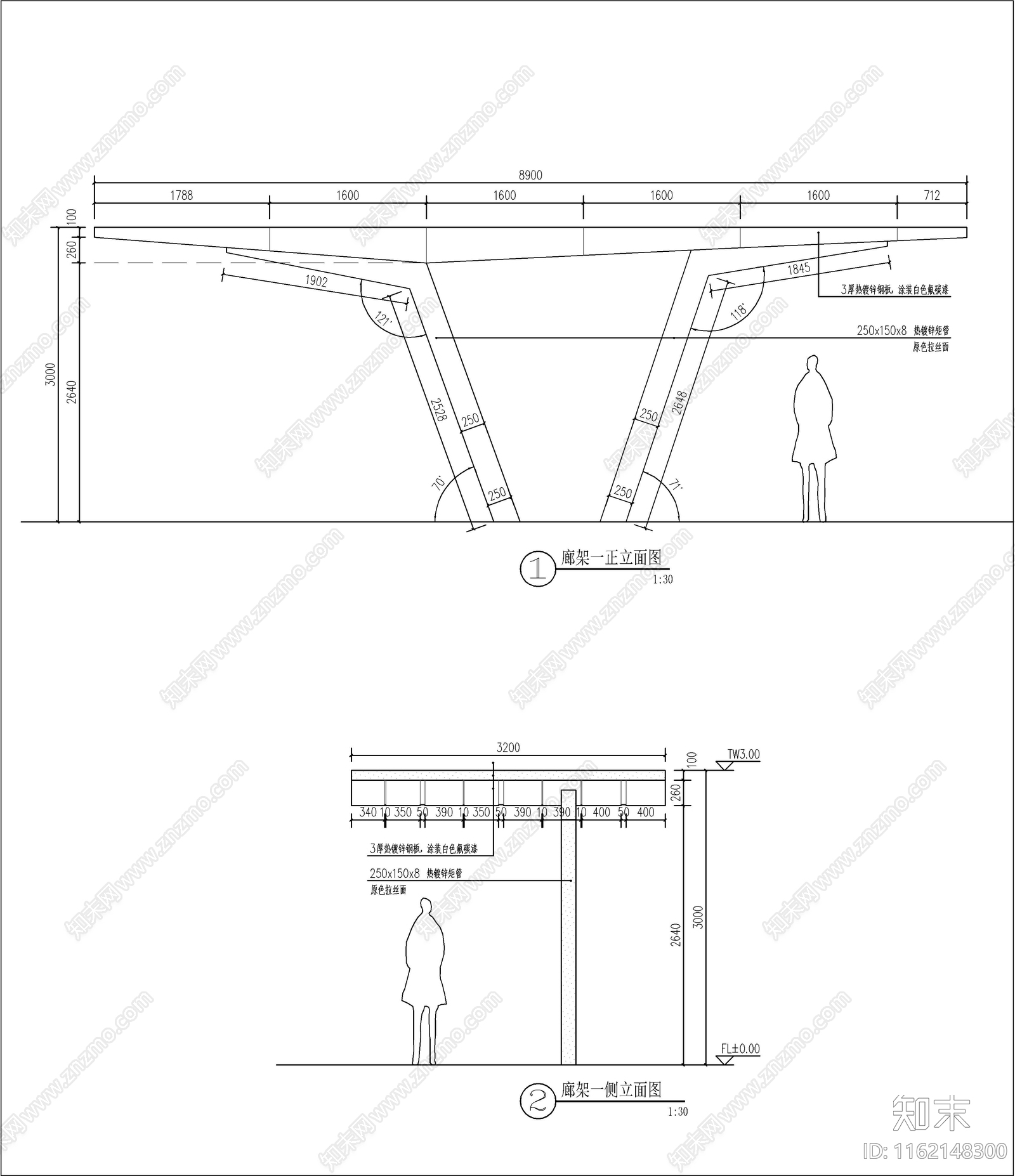 现代异型钢结构廊架大样详图cad施工图下载【ID:1162148300】