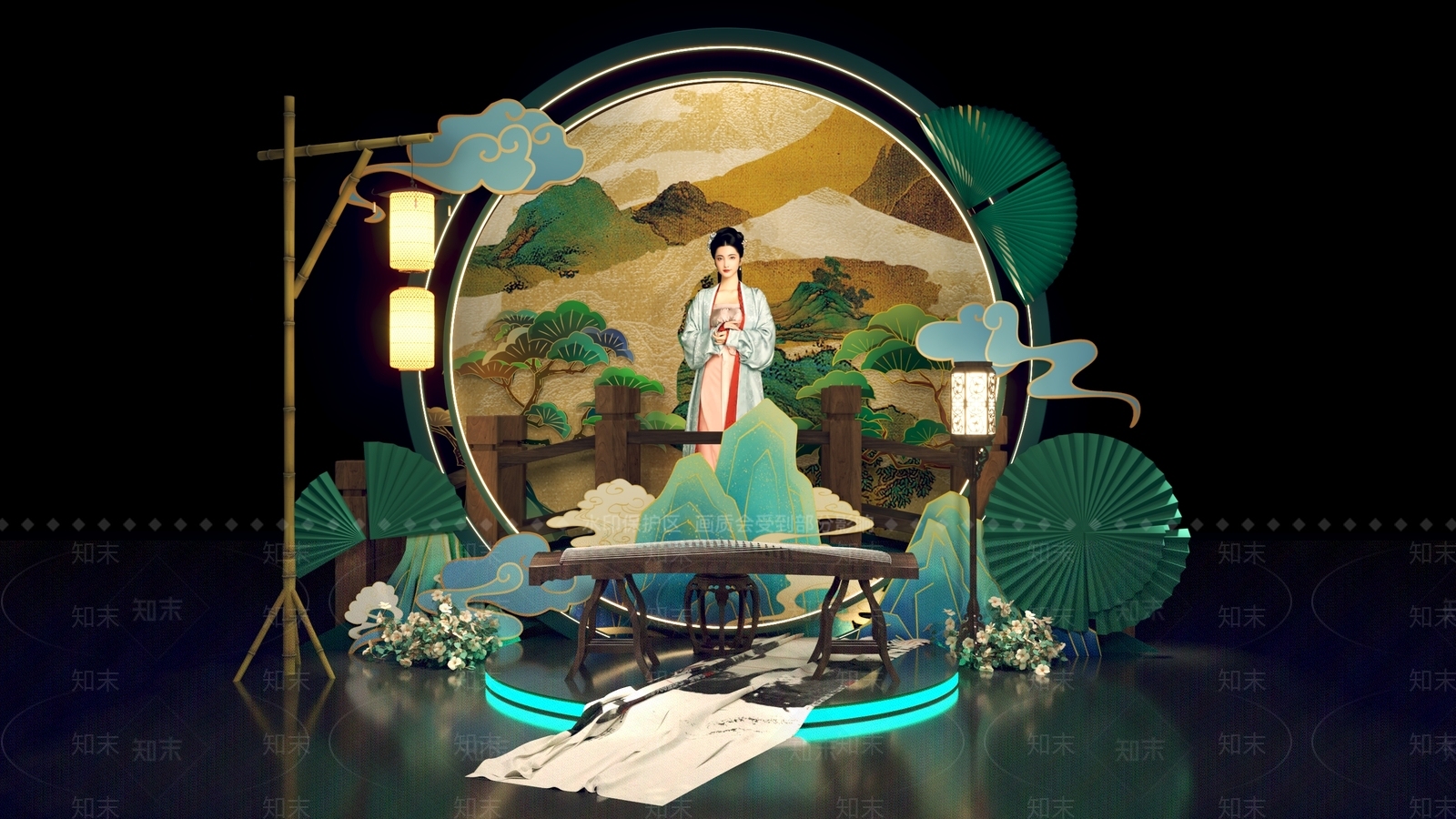 现代新中式DP互动合影木桥竹灯笼折纸古琴古筝假山浮云古典美人3D模型下载【ID:1162152230】