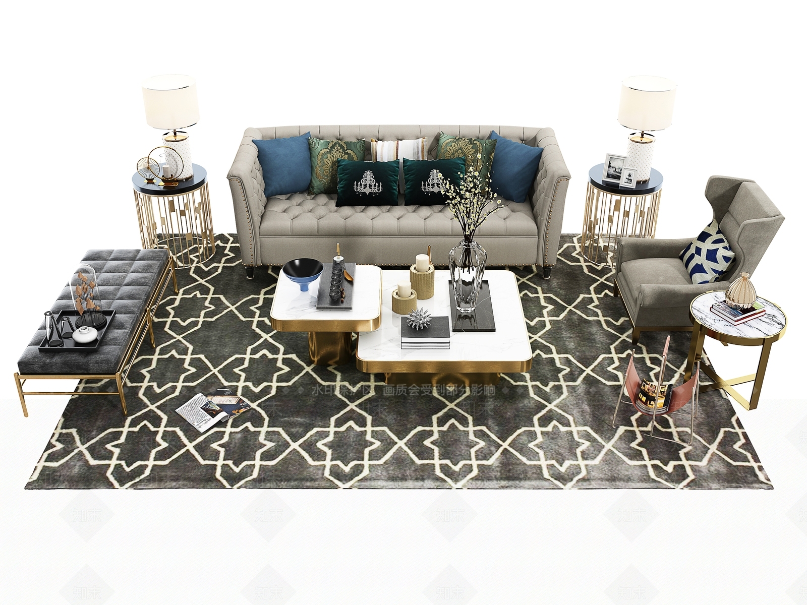 简欧沙发茶几组合3D模型下载【ID:1162161640】