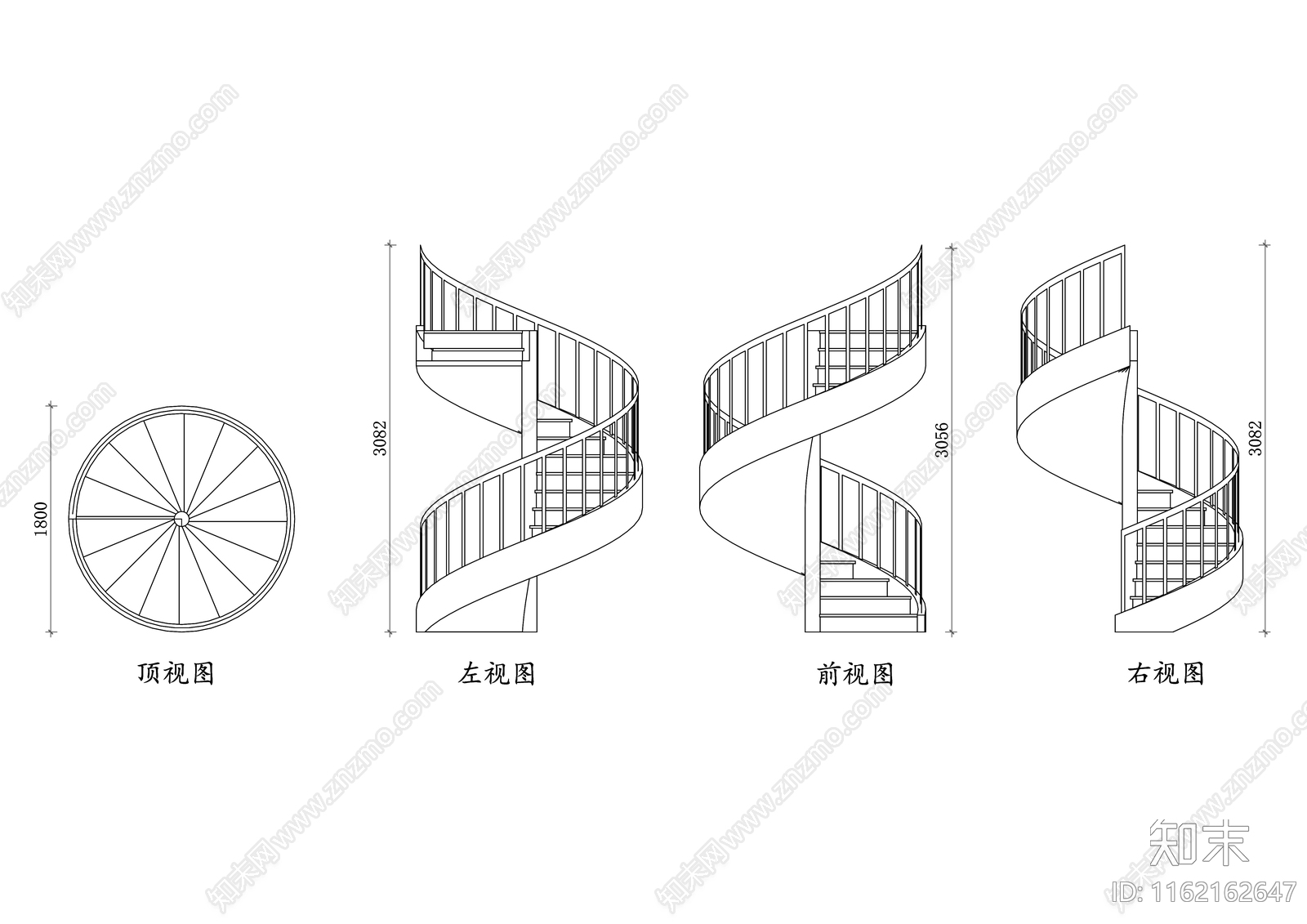 钢制螺旋楼梯三视图施工图下载【ID:1162162647】