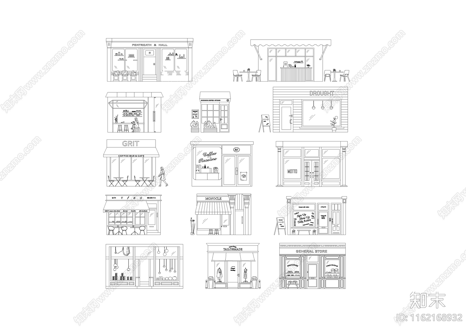14个咖啡厅商店门头立面图块施工图下载【ID:1162168932】