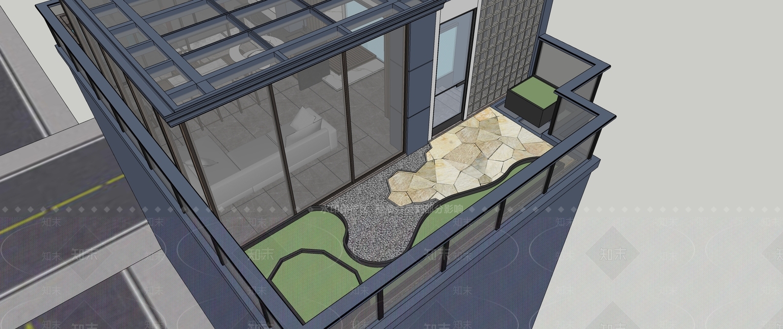 30平方前后屋顶花园小景观SU模型下载【ID:1162179761】