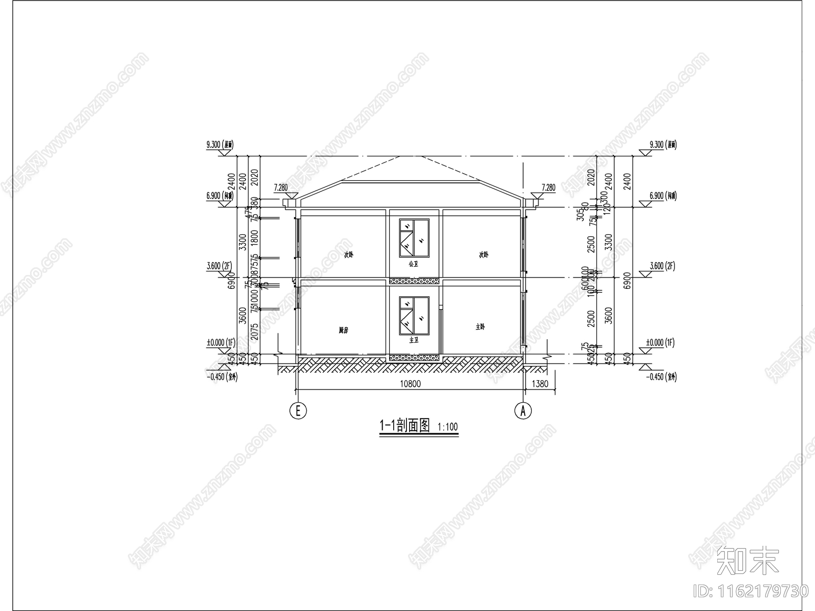 现代两层独栋别墅建筑cad施工图下载【ID:1162179730】