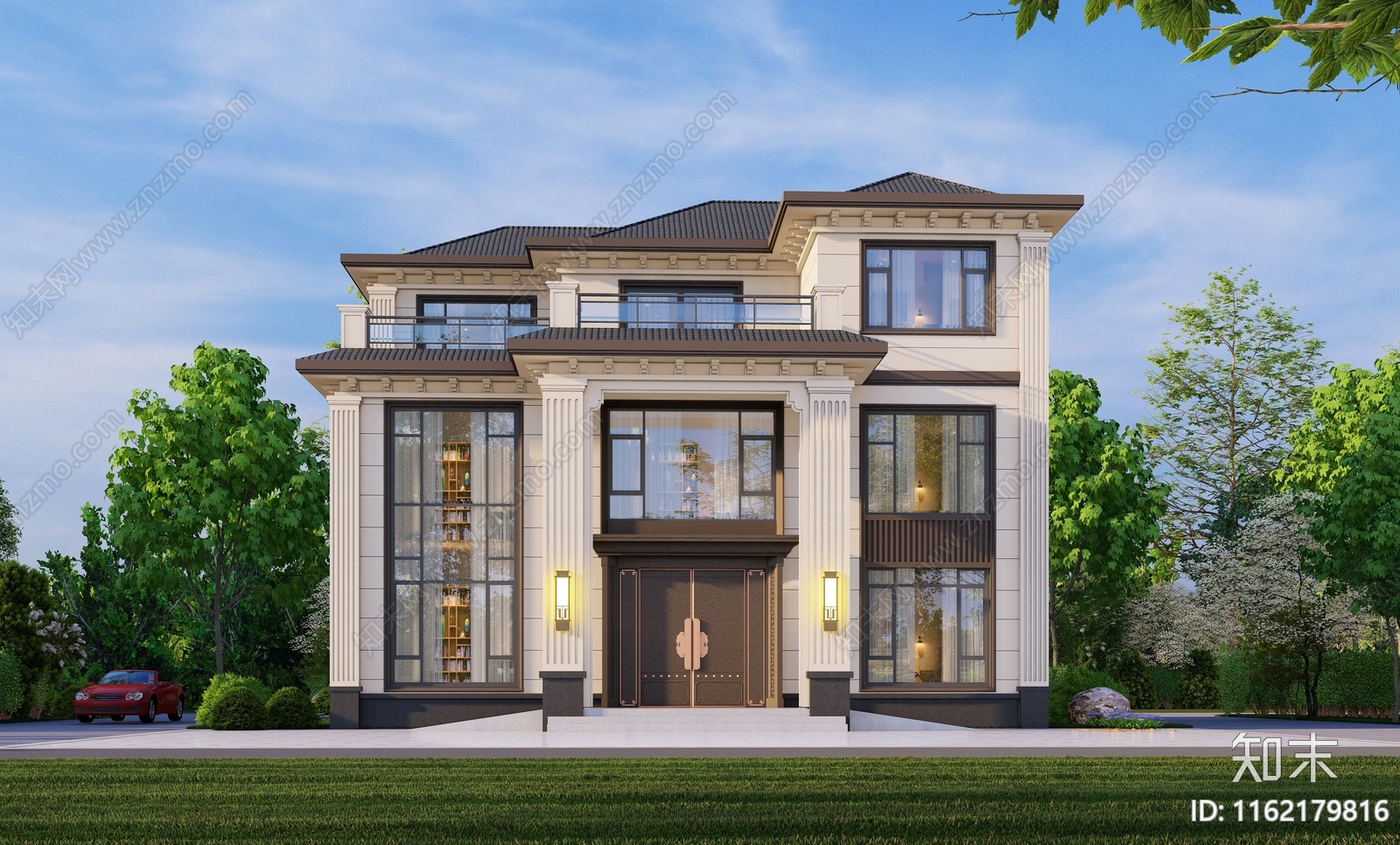 欧式三层独栋别墅建筑施工图下载【ID:1162179816】