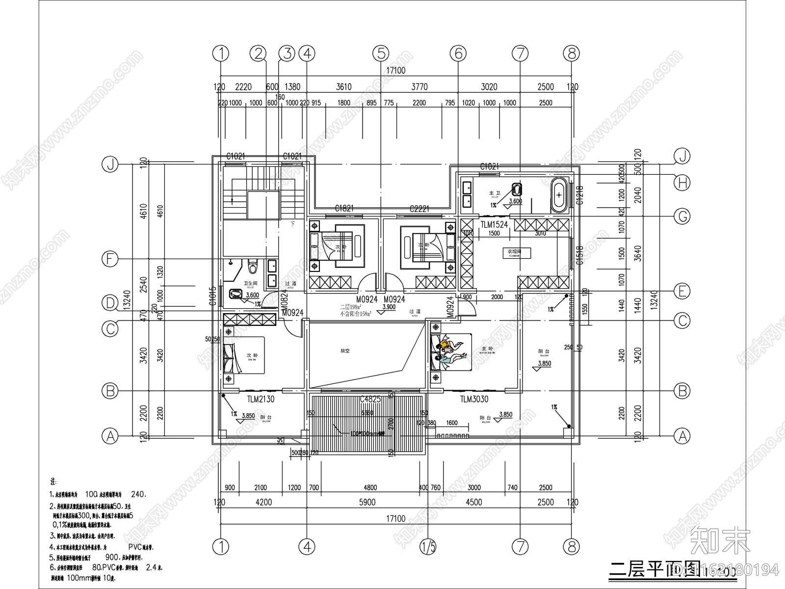 现代两层独栋别墅施工图下载【ID:1162180194】