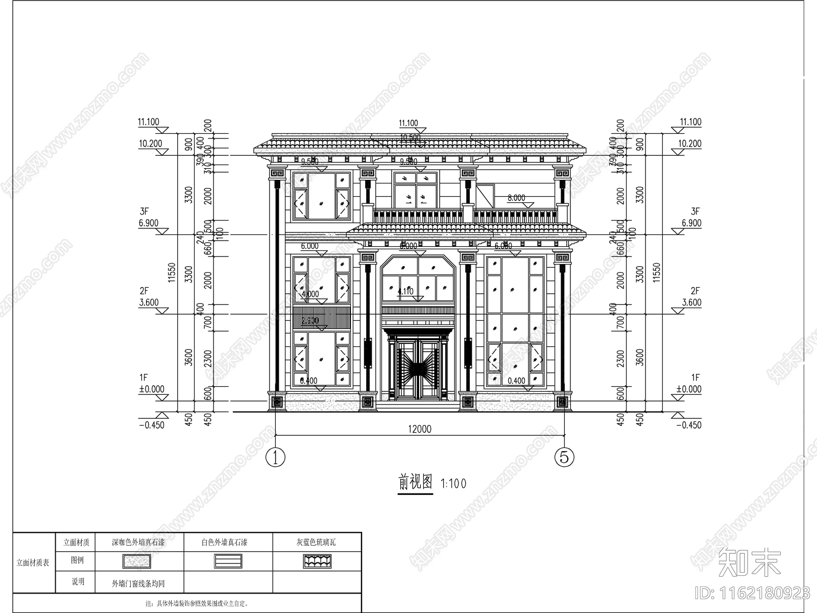 新中式三层独栋别墅建筑cad施工图下载【ID:1162180923】