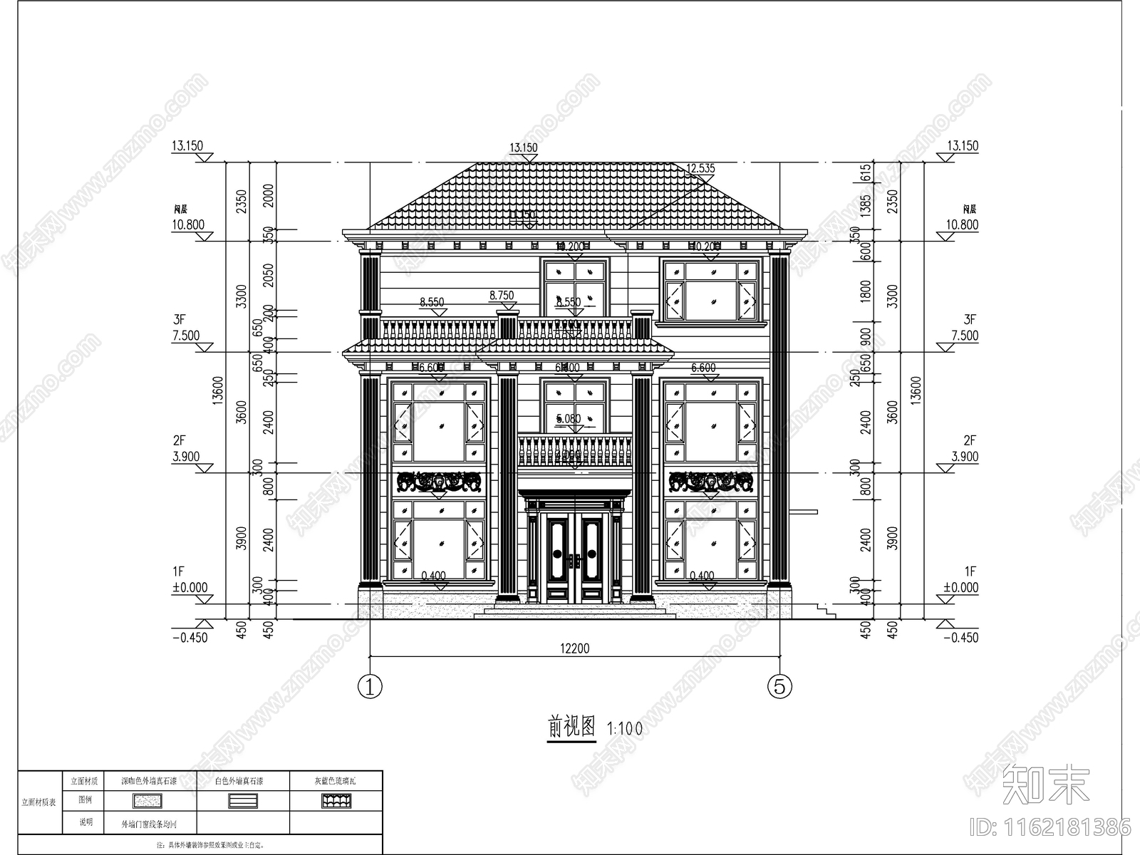 欧式三层独栋别墅建筑cad施工图下载【ID:1162181386】