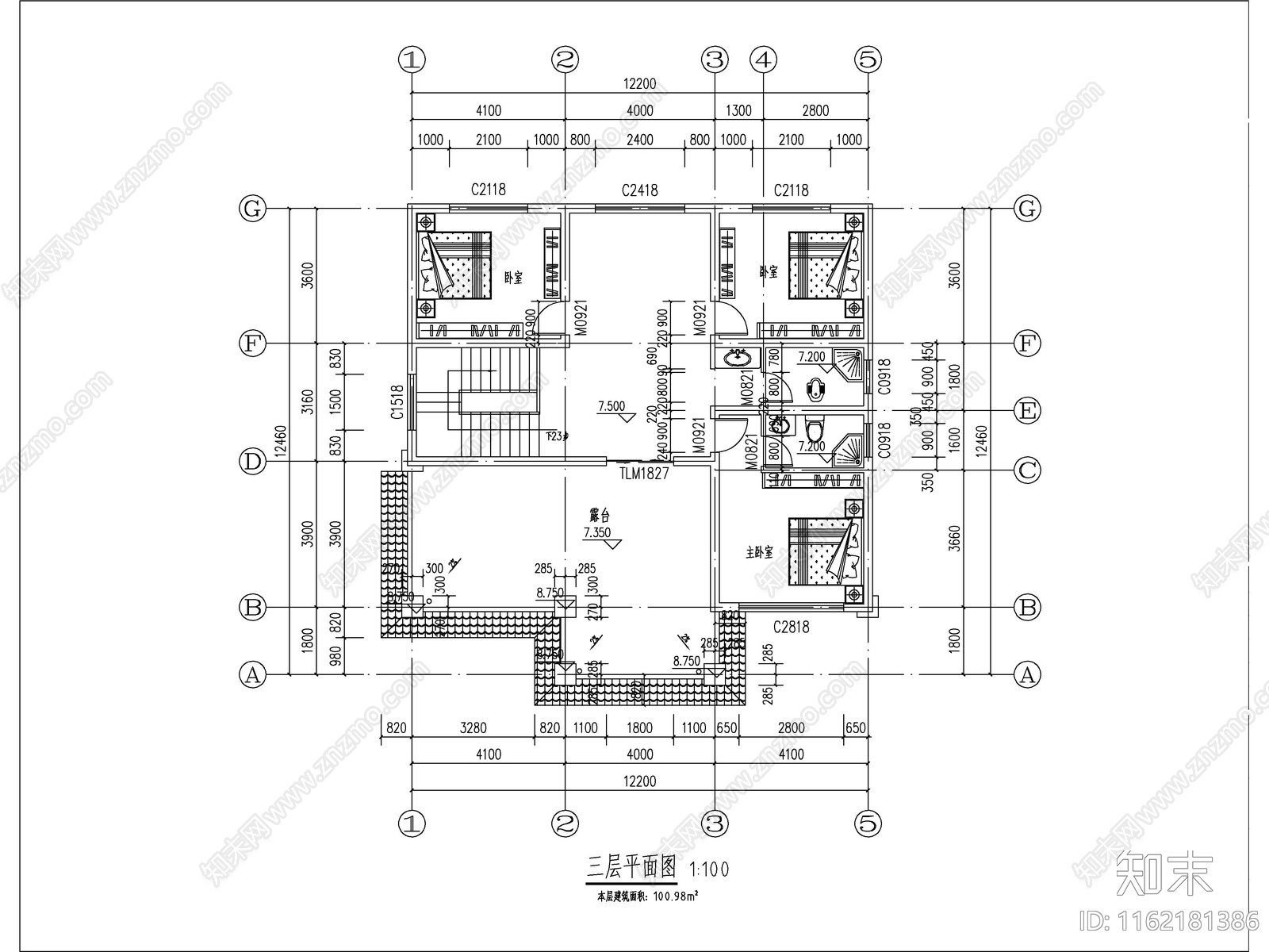 欧式三层独栋别墅建筑cad施工图下载【ID:1162181386】