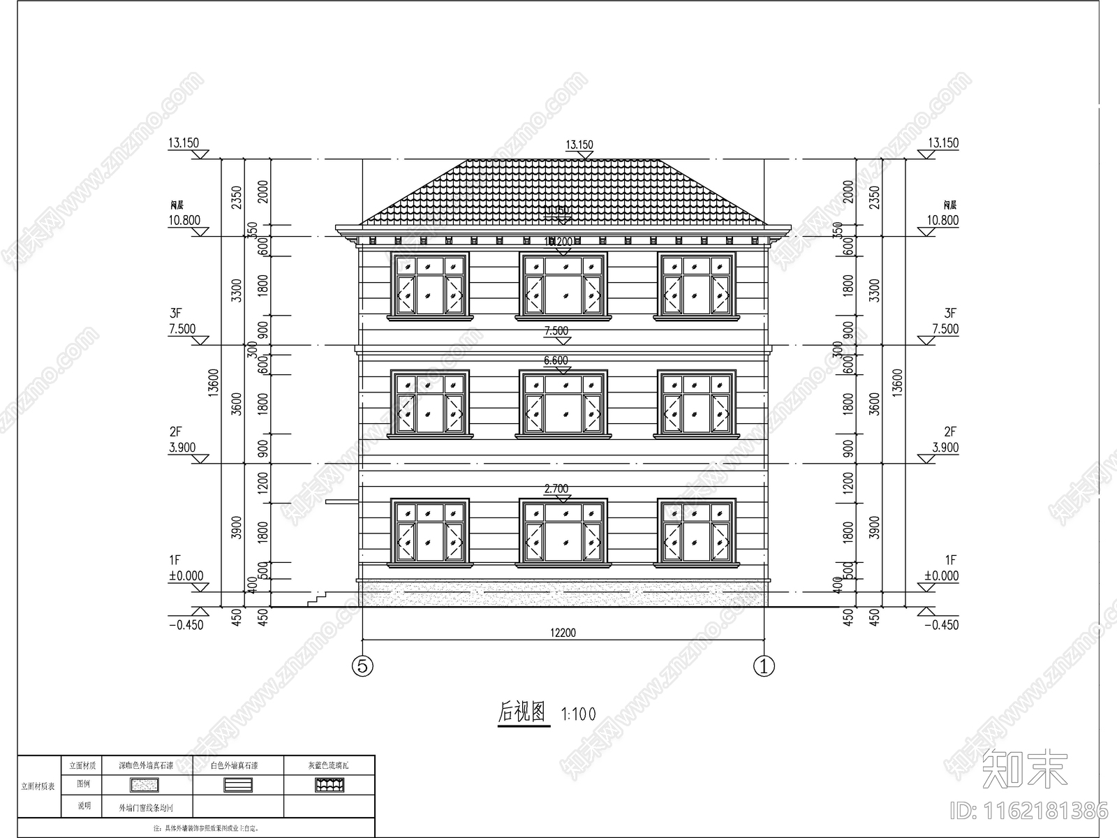 欧式三层独栋别墅建筑cad施工图下载【ID:1162181386】