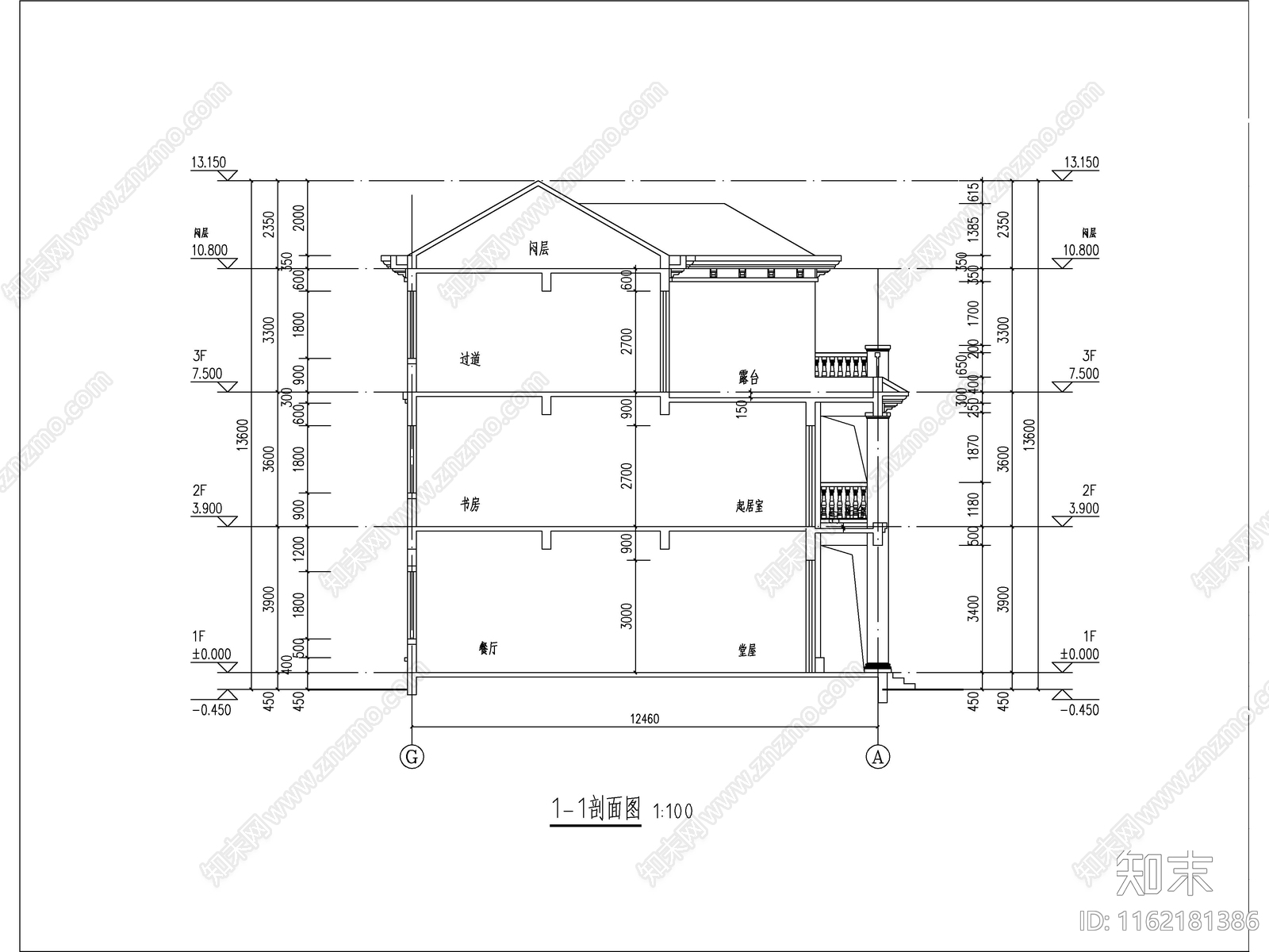 欧式三层独栋别墅建筑cad施工图下载【ID:1162181386】