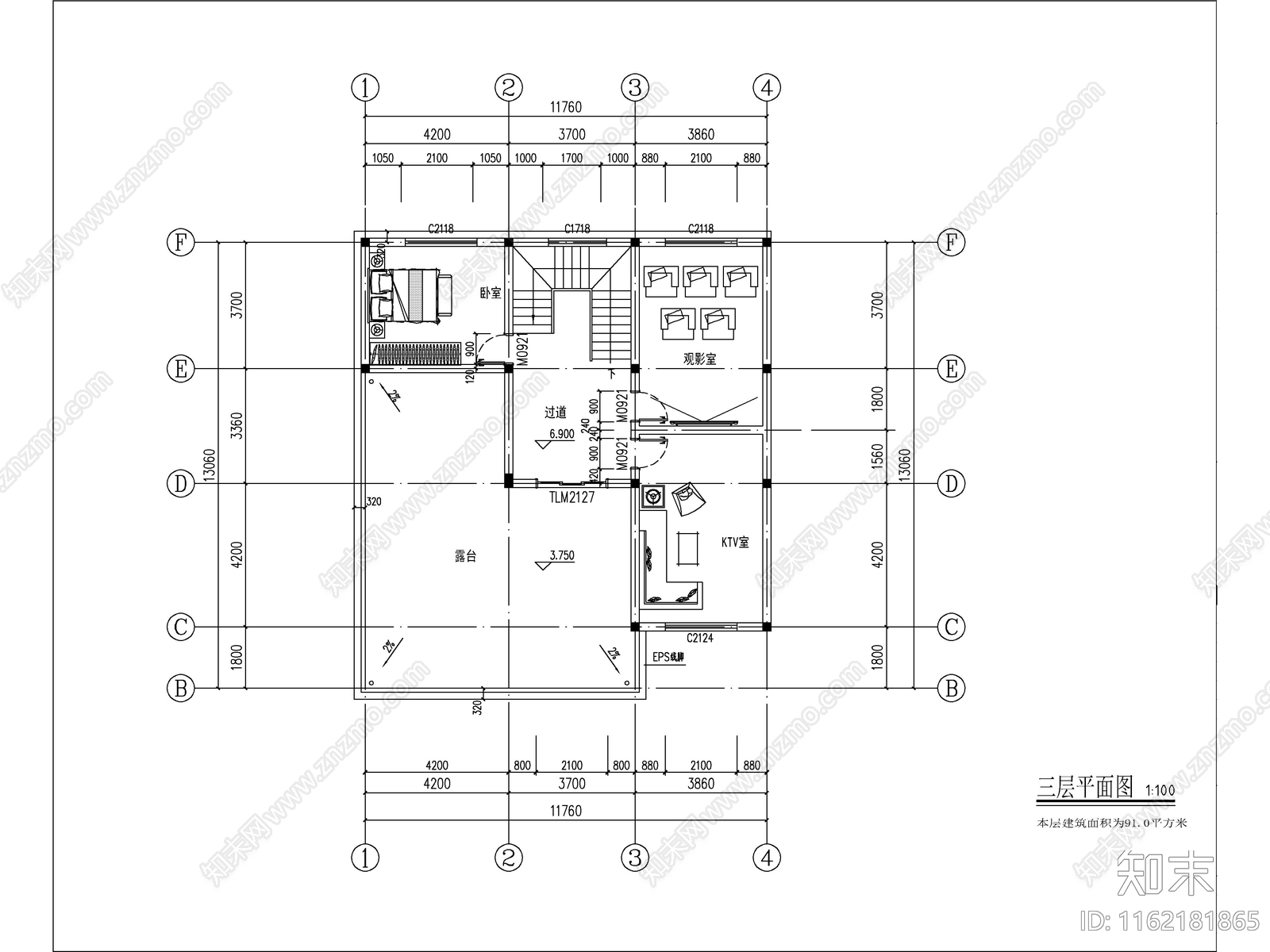 现代三层独栋别墅建筑cad施工图下载【ID:1162181865】