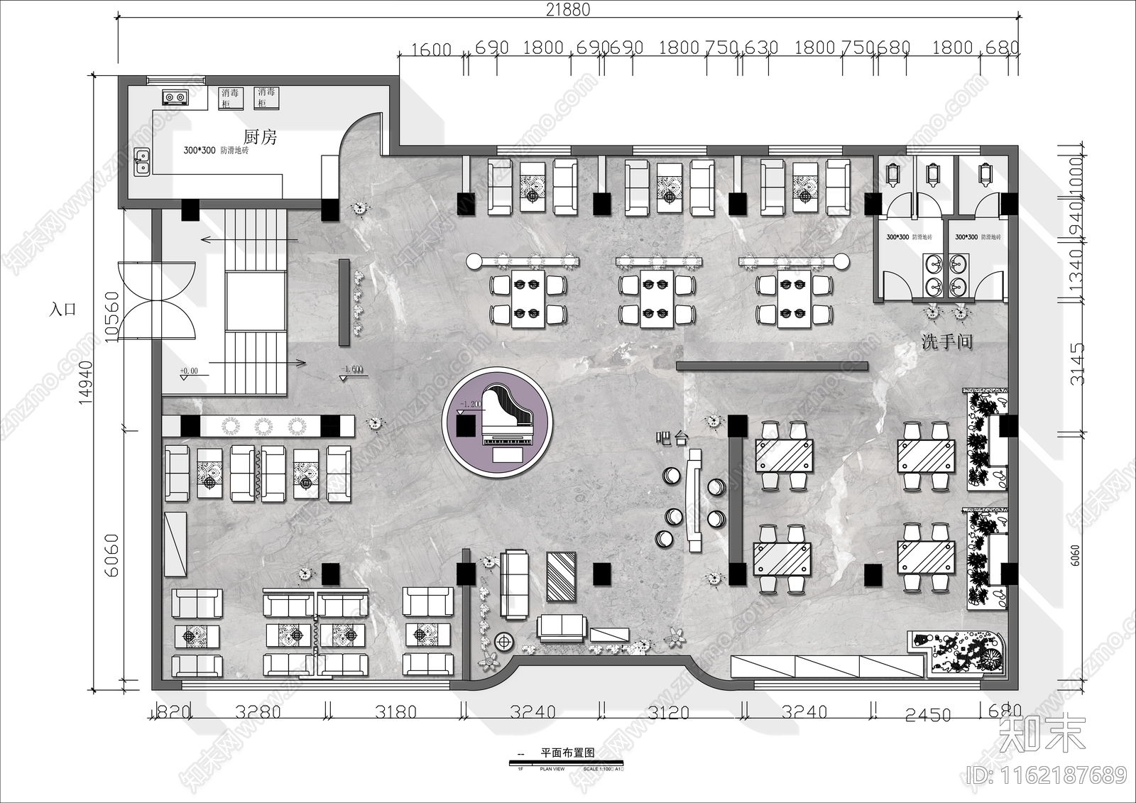 300㎡音乐西餐厅平面布置方案施工图下载【ID:1162187689】