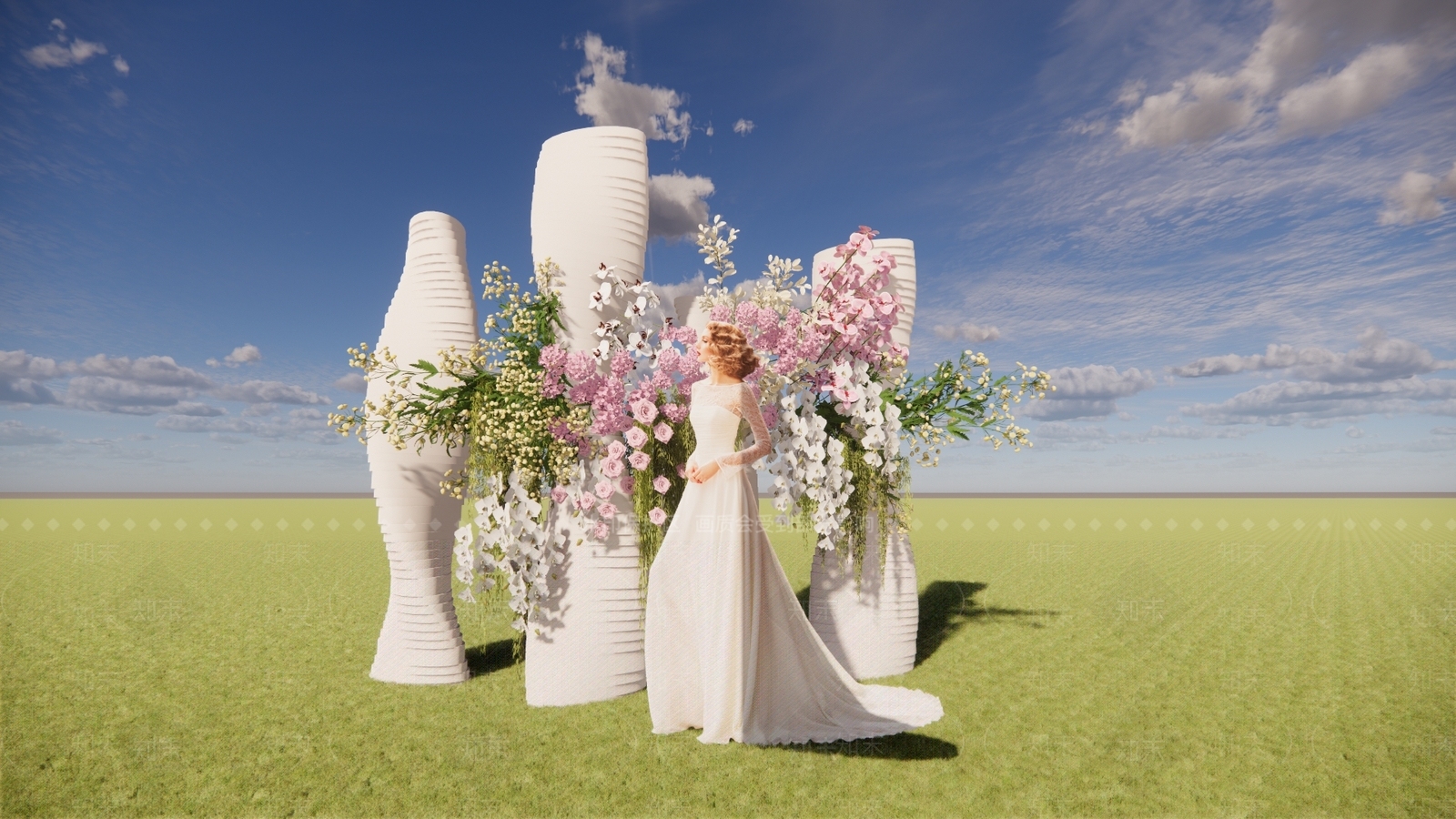 米色布艺异形装置清新花艺草坪户外婚礼SU模型下载【ID:1162203100】