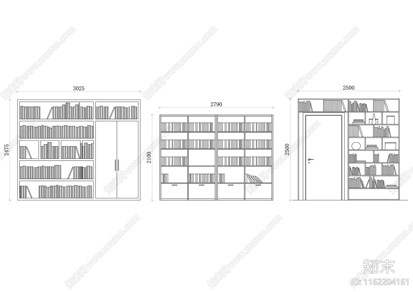 现代开放式书柜立面图施工图下载【ID:1162204161】