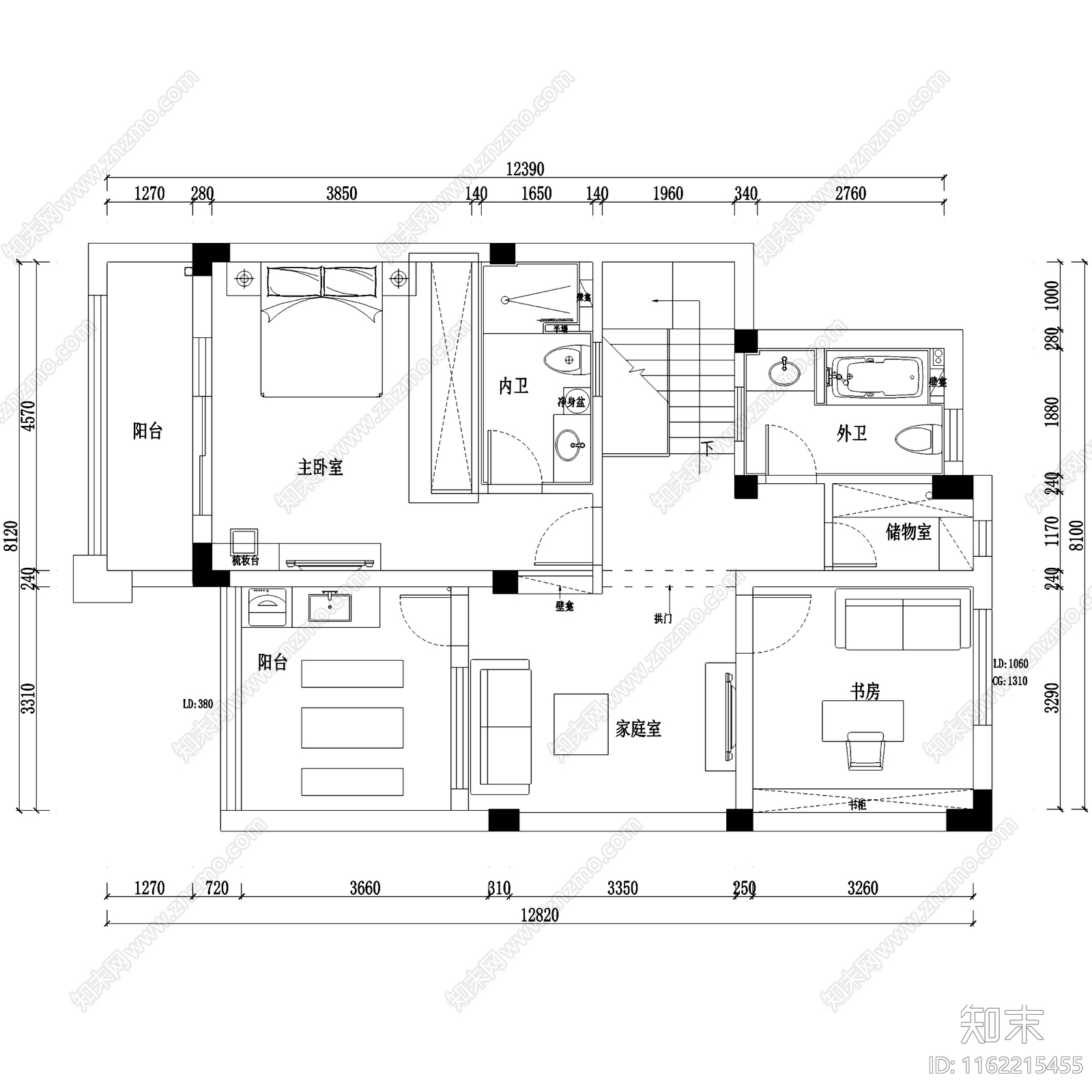 美式简约现代园墅二层别墅室内家装cad施工图下载【ID:1162215455】