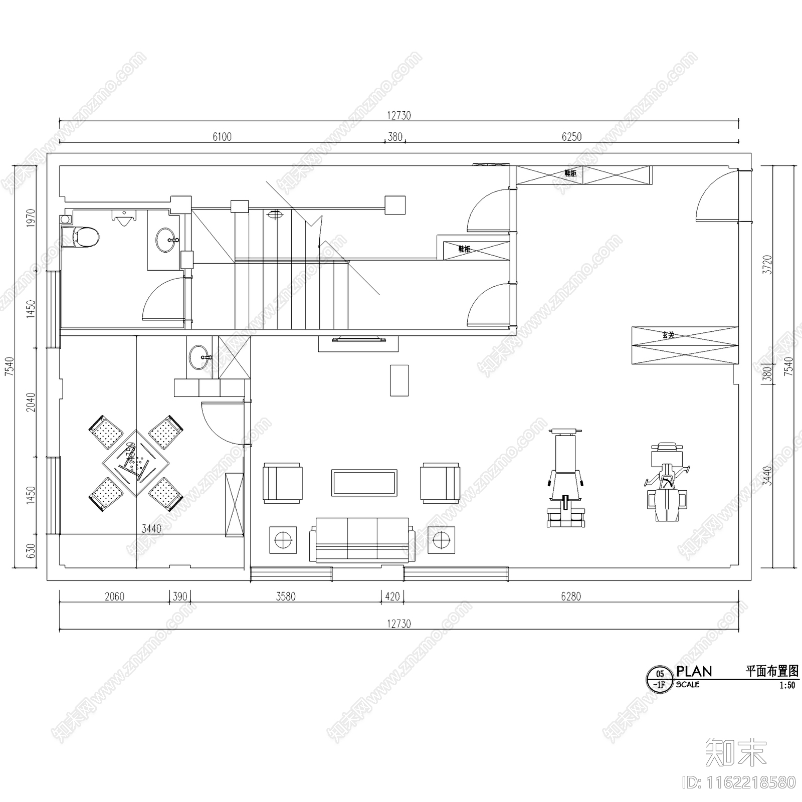 美式简约瑞景国际三层别墅室内家装cad施工图下载【ID:1162218580】