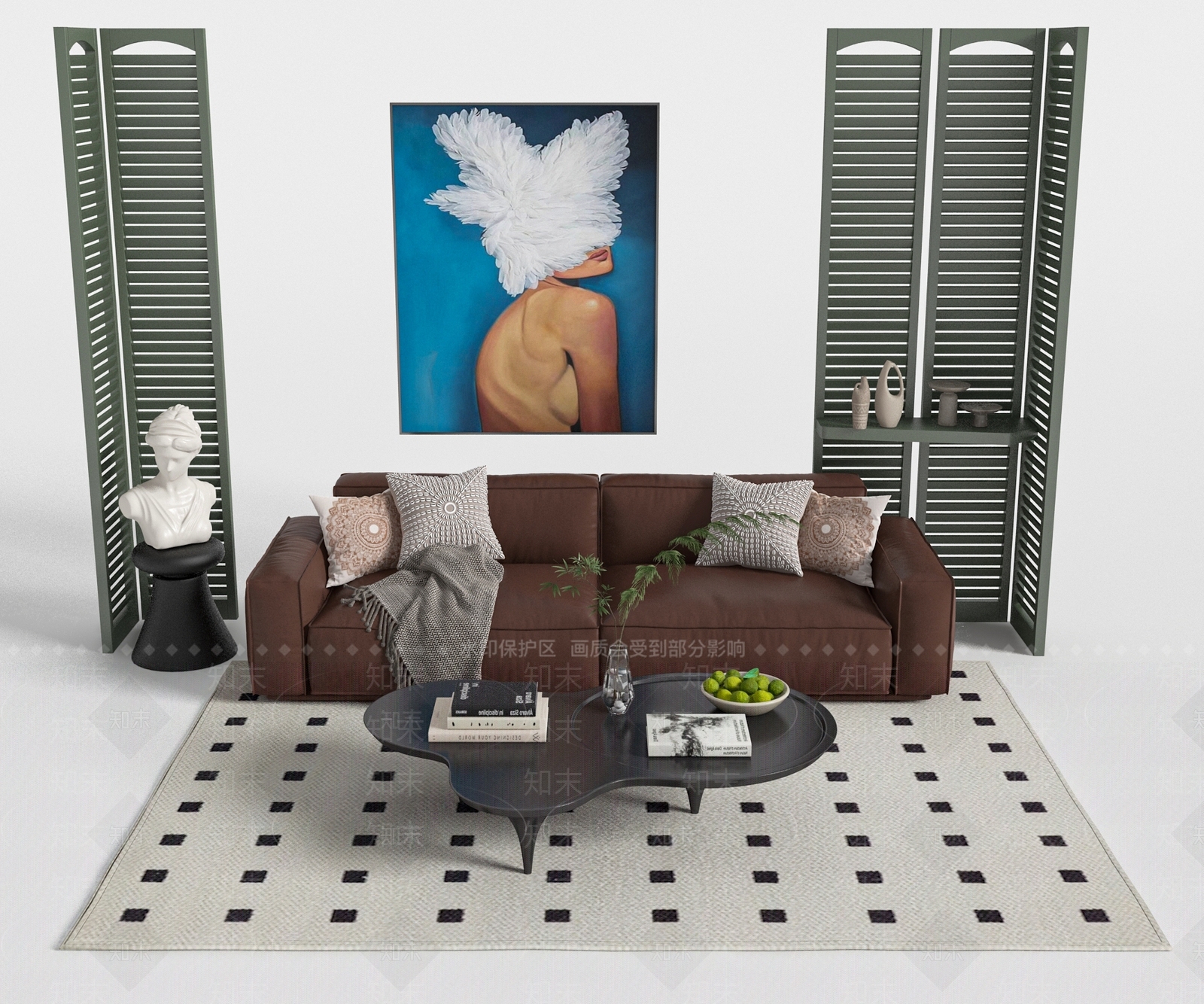 北欧沙发百叶隔断置物架3D模型下载【ID:1162218417】