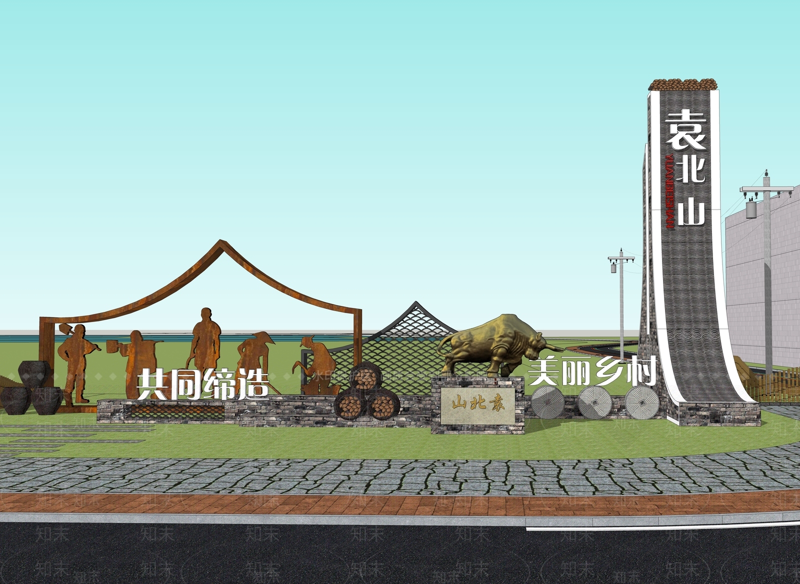 现代美丽乡村景墙SU模型下载【ID:1162218832】