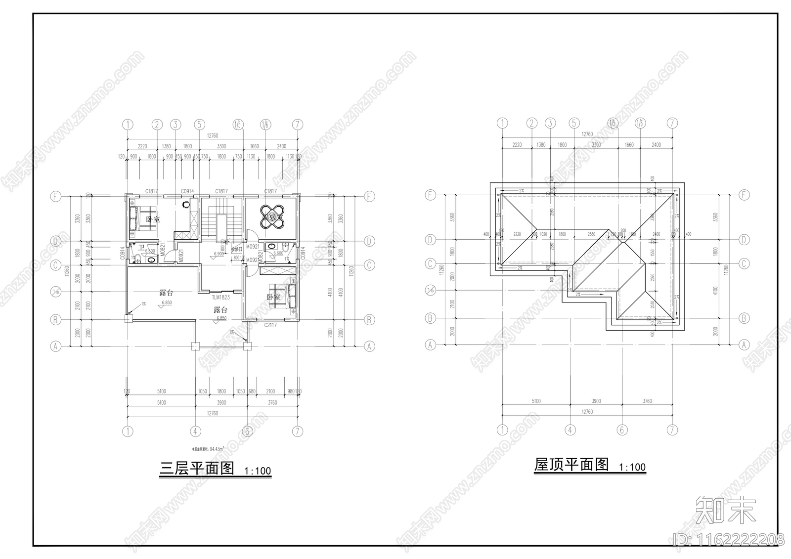 13x11m三层欧式别墅建cad施工图下载【ID:1162222208】