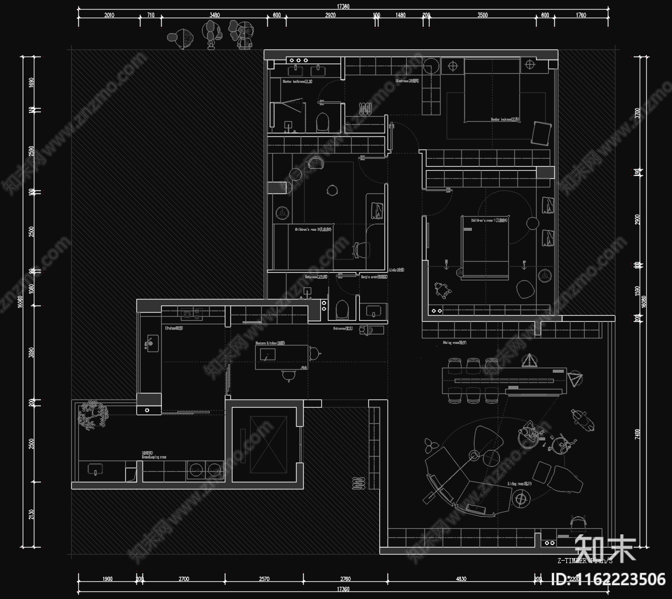 中段入户变大平层cad施工图下载【ID:1162223506】