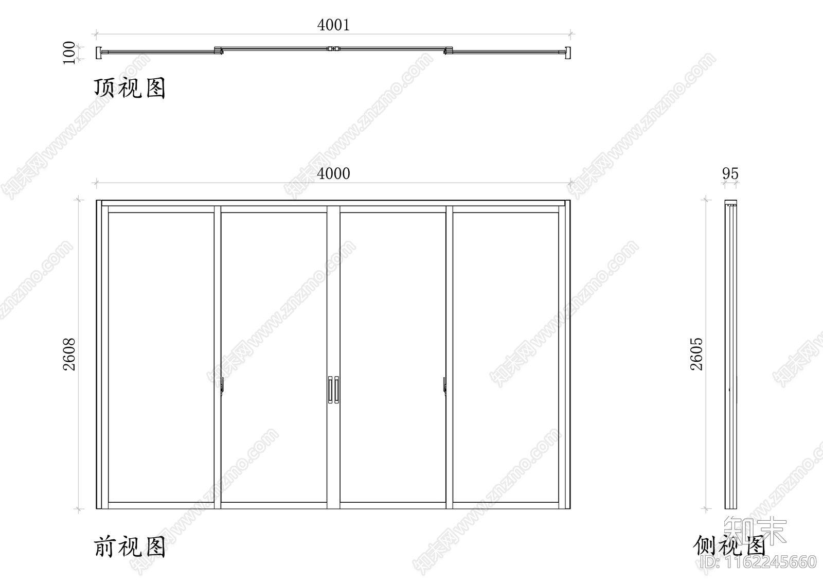 铝框四门玻璃推拉门三视图施工图下载【ID:1162245660】