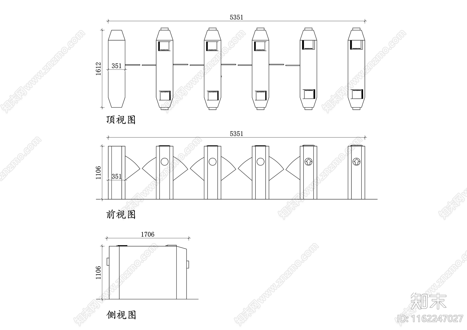 地铁闸机乘客通道三视图施工图下载【ID:1162247027】