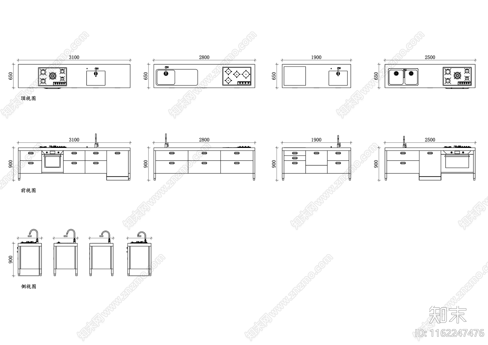 不锈钢中央厨房专用橱柜三视图施工图下载【ID:1162247476】