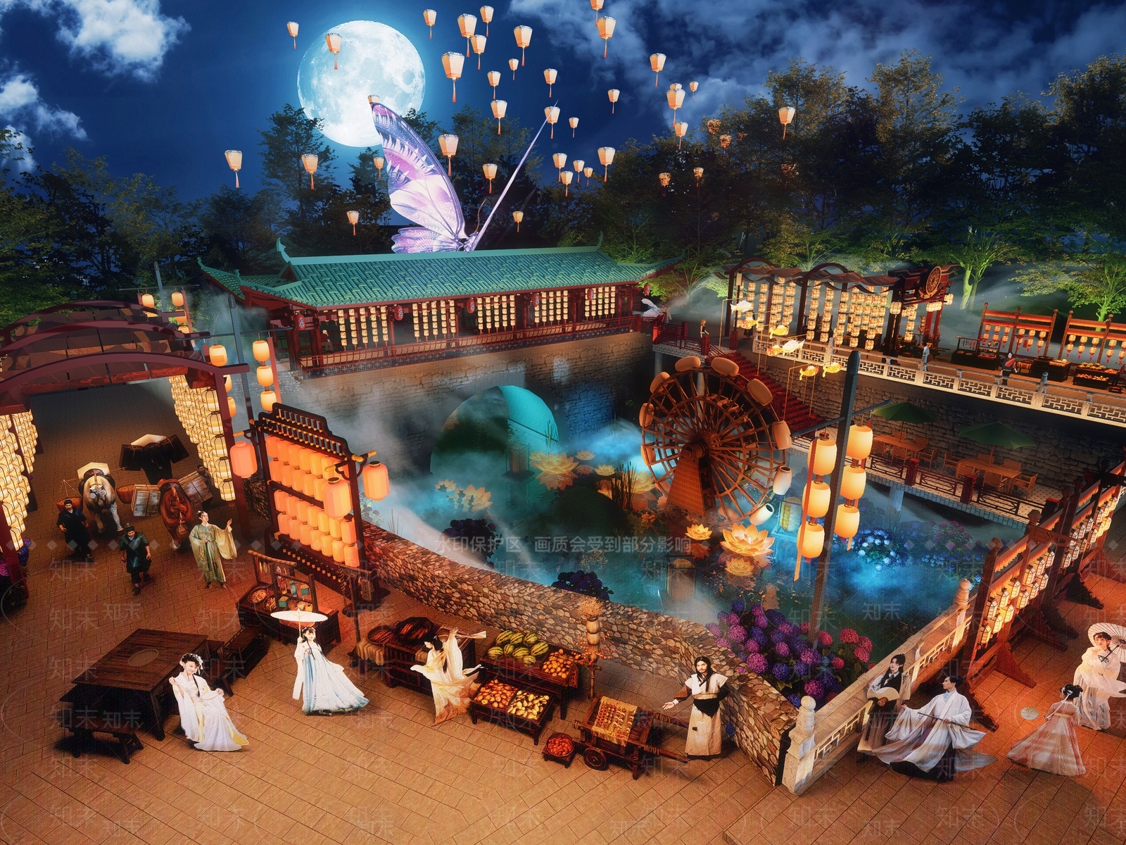 国潮古风网红打卡灯会夜市滨水廊桥集市景观SU模型下载【ID:1162247949】