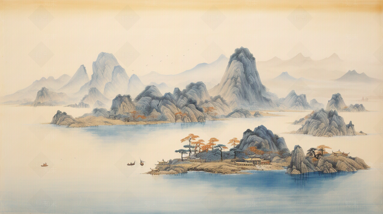 中式建筑印花壁纸贴图下载【ID:1162253364】