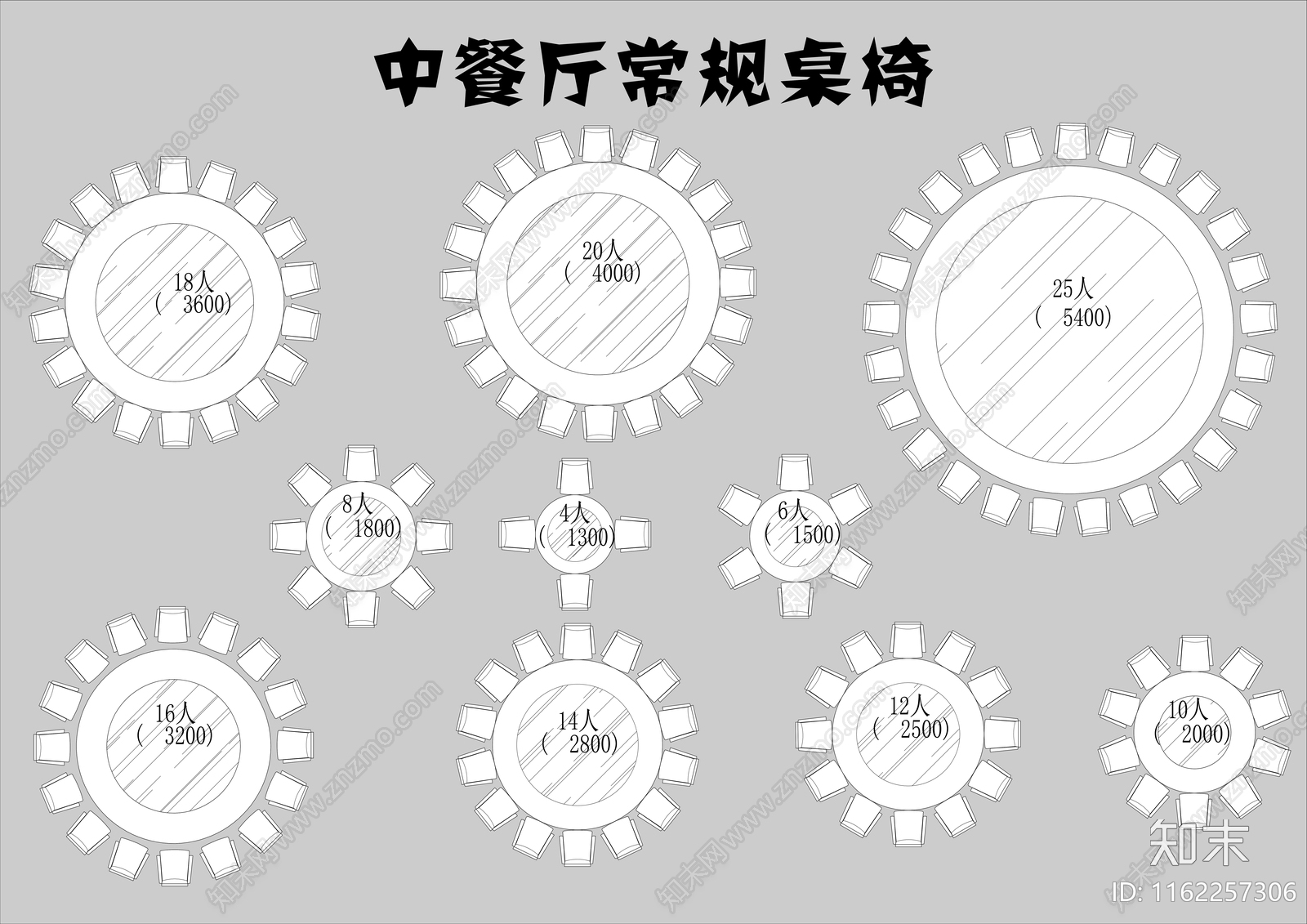 中餐厅常规桌椅cad施工图下载【ID:1162257306】