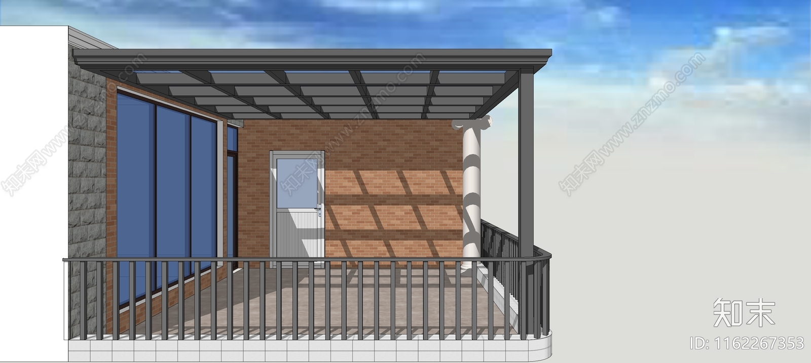 露台钢结构玻璃顶雨棚SU模型下载【ID:1162267353】