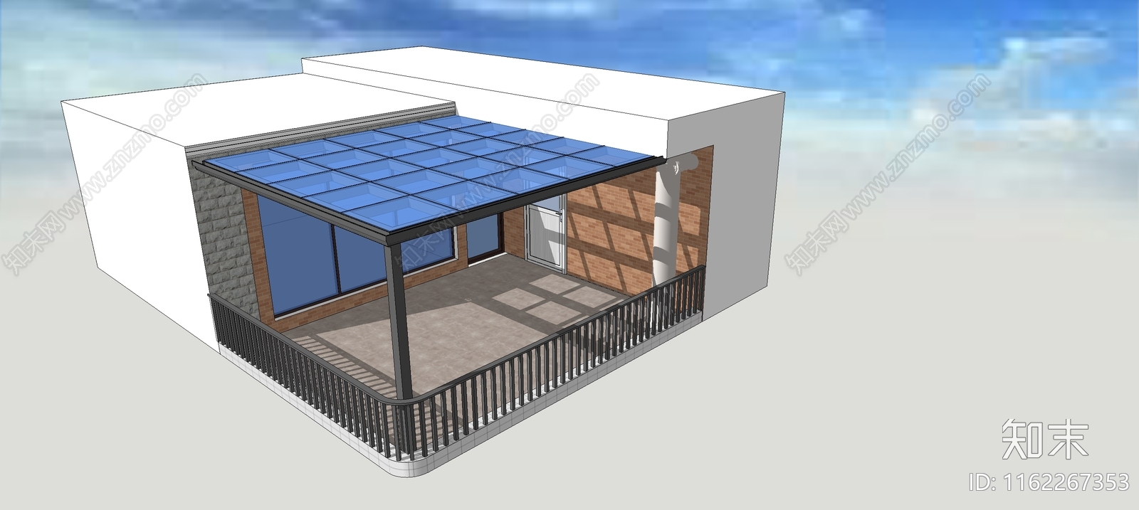 露台钢结构玻璃顶雨棚SU模型下载【ID:1162267353】
