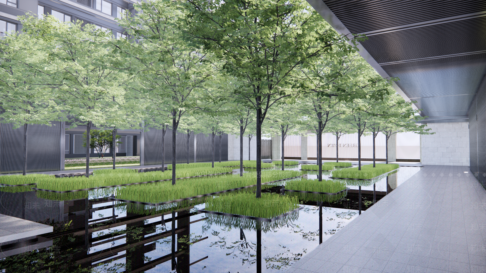 景观中庭水景廊架回廊风雨连廊SU模型下载【ID:1162268159】