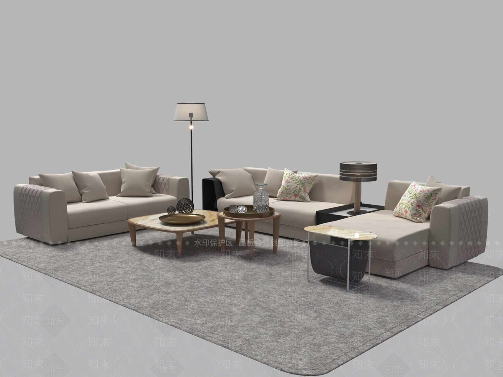 现代布艺皮革沙发茶几组合3D模型下载【ID:1162275974】